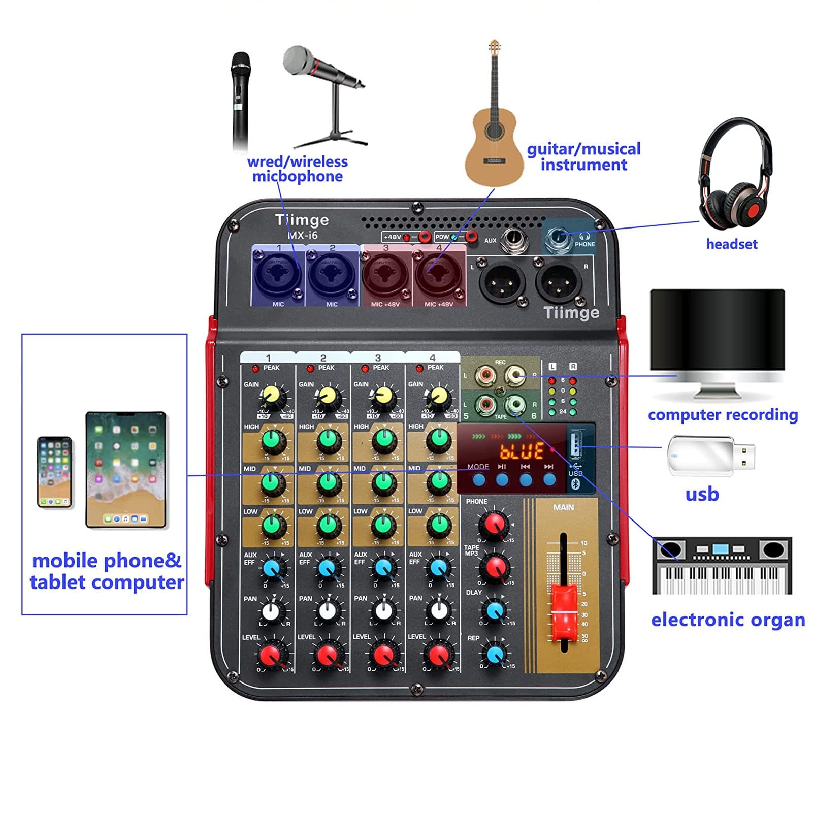 Jeanoko Audio Mixer Sound Mixing Console,Professional Mixing Console, 4 Channel Audio Mixer Controller USB Input 3 Band EQ Metal