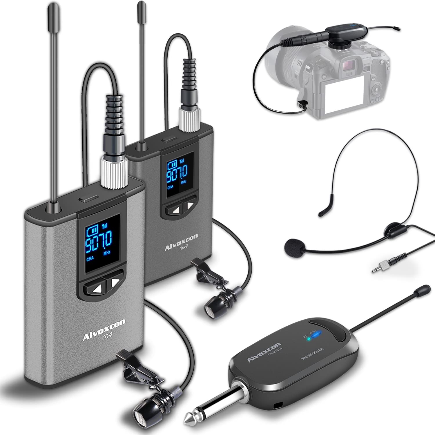 Alvoxcon UHF Dual Channel Wireless Lavalier Microphone System with Volume Control for iPhone, DSLR, PA Speaker, YouTube, Podcast