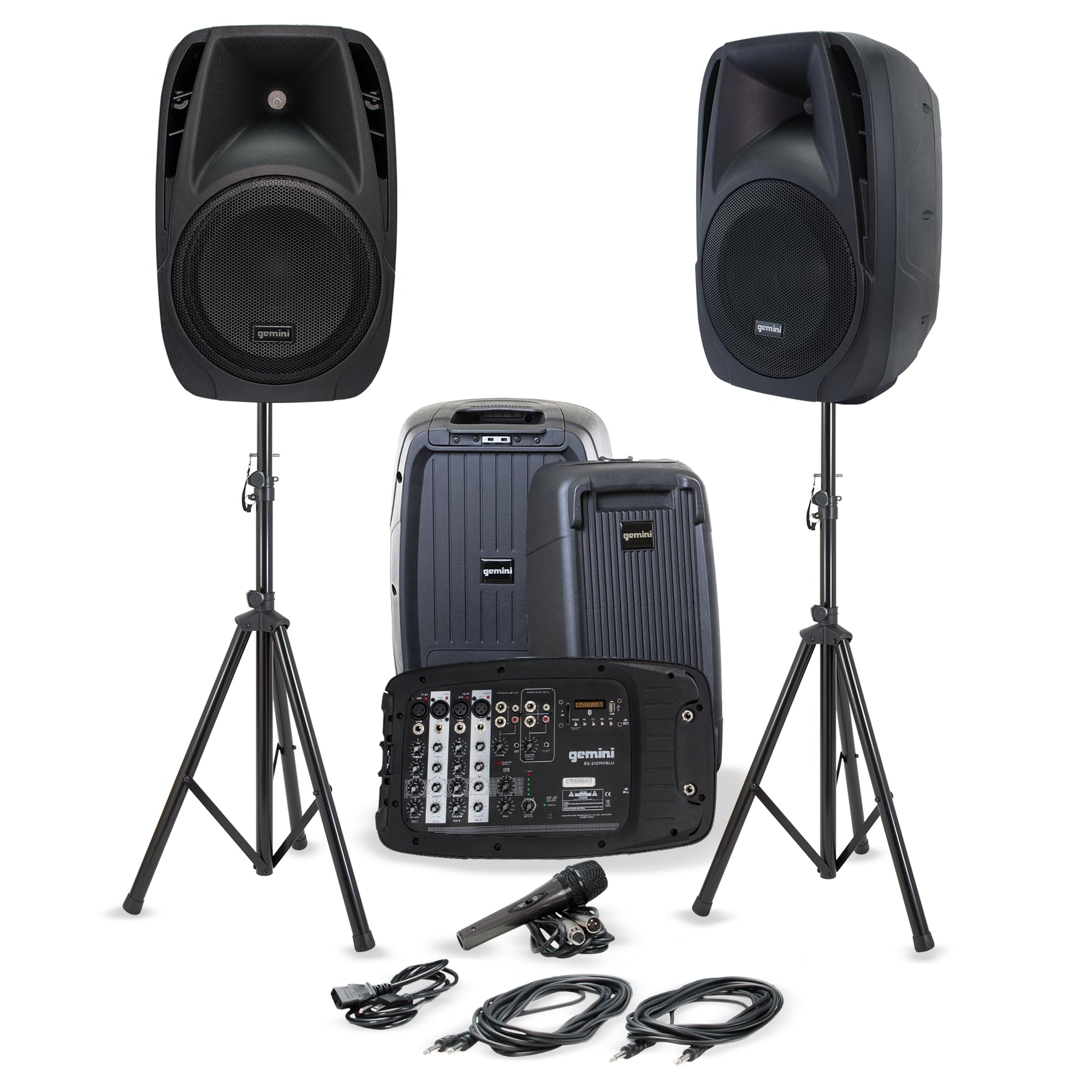 Gemini Portable PA System with Stands - 600W Bluetooth Speaker System with 6-Channel Mixer, Dual 10 Speakers, Mic & Cables - Com