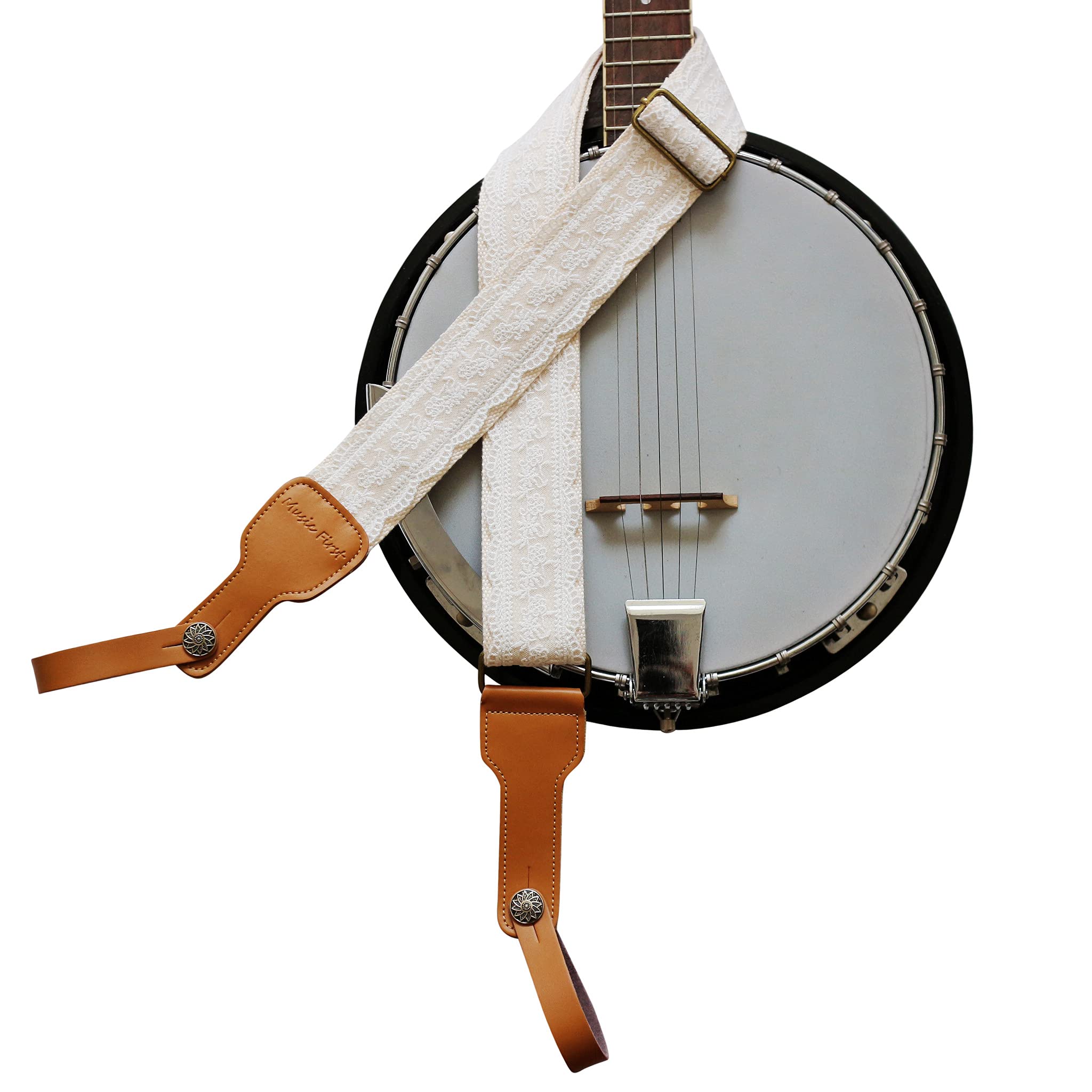 MUSIC FIRST Original Design, 2 inch width (5cm), Padded, White Graceful & VintageLace Soft Lace & Genuine Leather Delux Banjo St