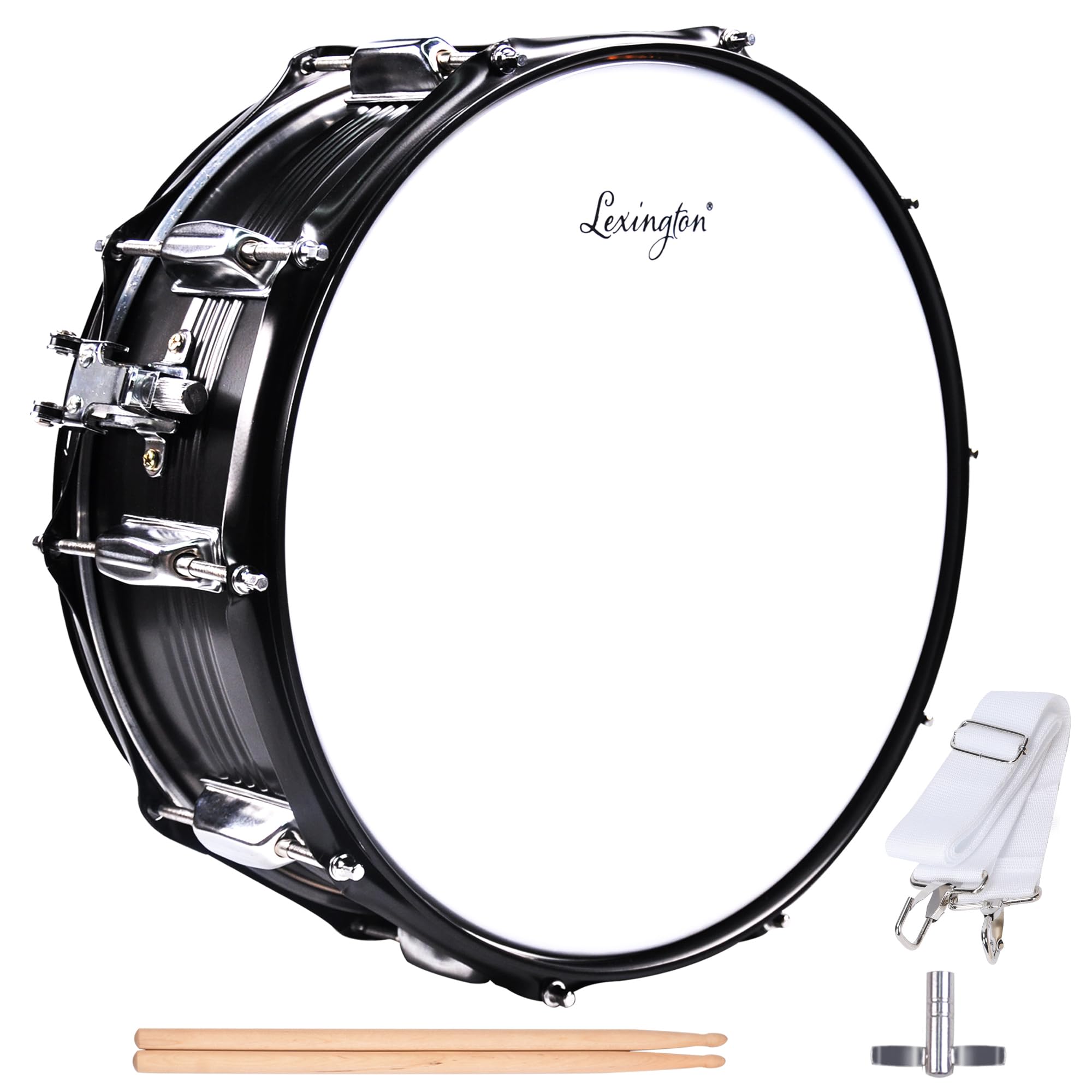 Lexington SD403S Snare Drum Set Student Steel Shell 14 X 5.5 Inches with 10 Lugs, Includes Drum Key, Drumsticks and Strap, Black