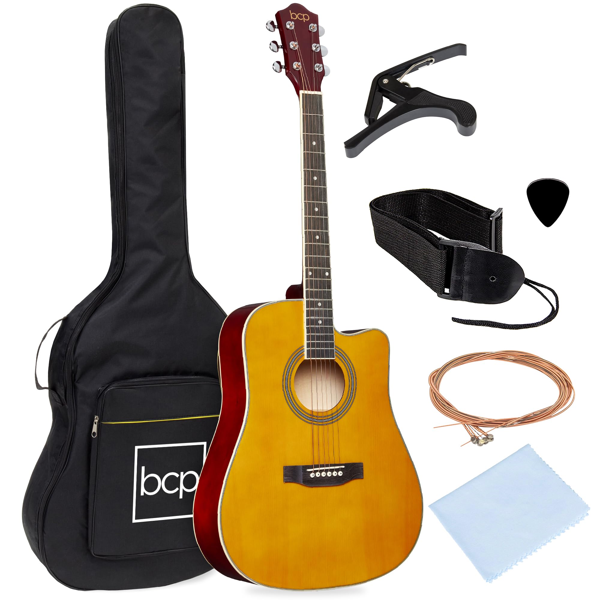 Best Choice Products 41In Beginner Acoustic Guitar Full Size All Wood Cutaway Guitar Starter Set Bundle With Case, Strap, Capo,