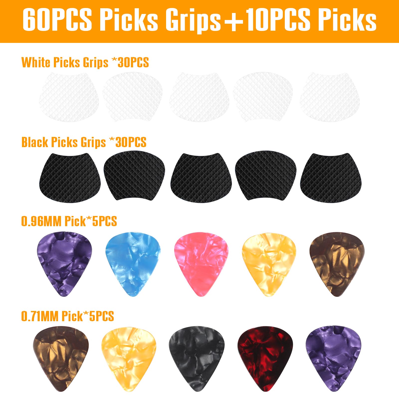 60pcs Guitar Picks & Grips - 30pcs Transparent & 30pcs Black Anti-Slip Silicone Soft Grips with Two Thicknesses Guitar Picks, Se
