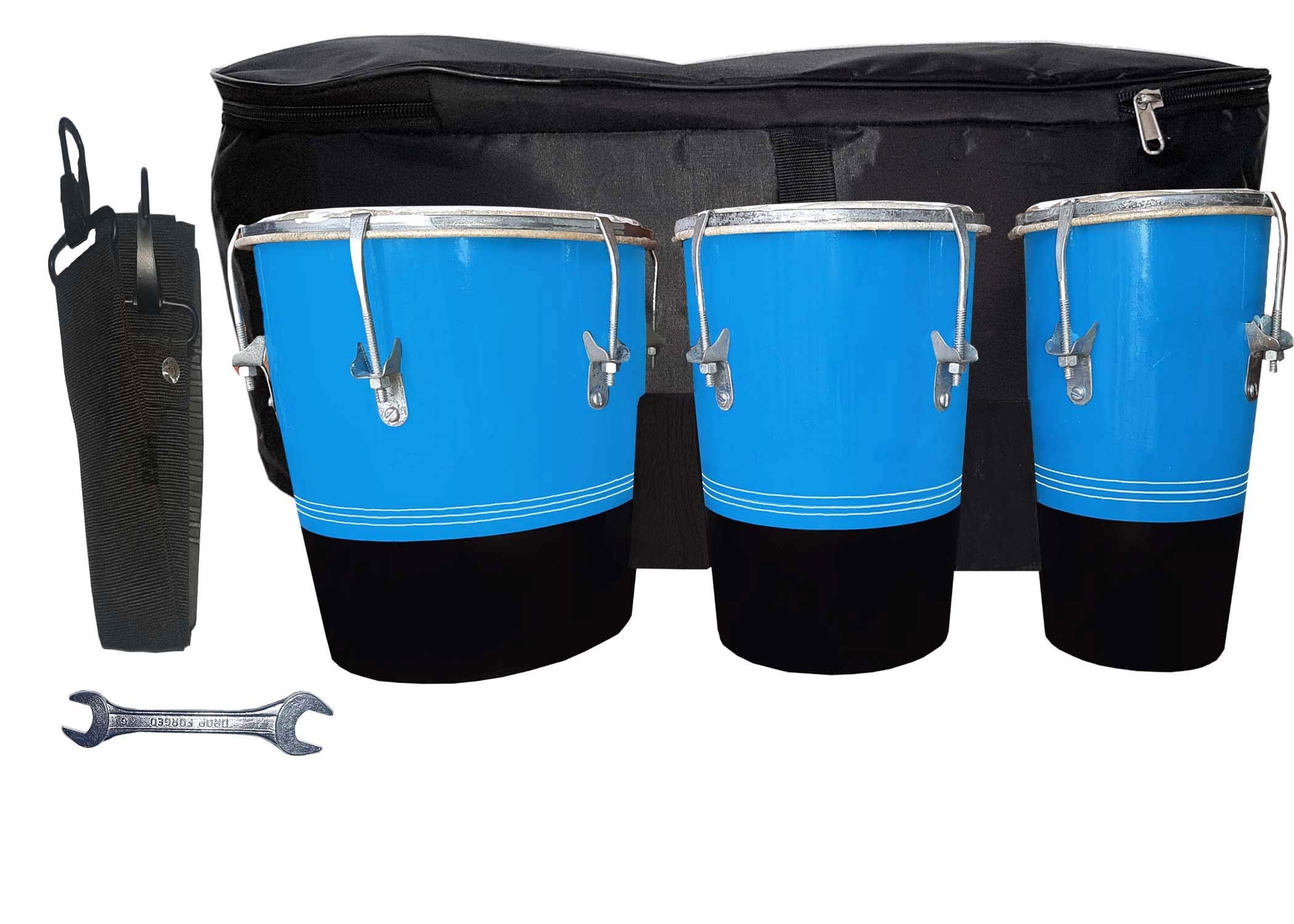 Gt Manufacturers Professional Three Piece Hand Made Wooden Bongo Drum Set With Tool Kit (Blue/Yellow)