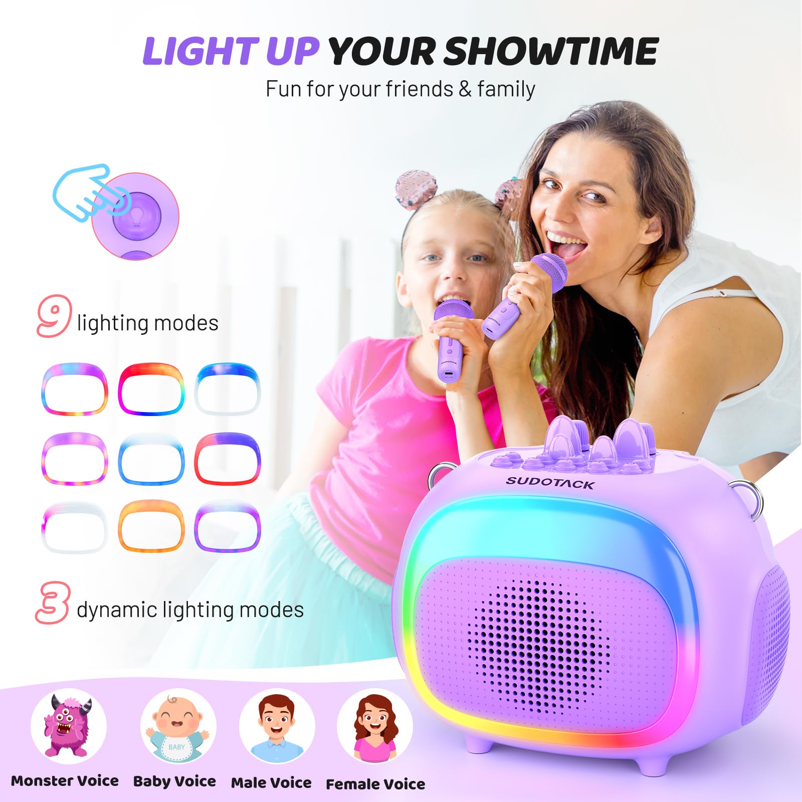 SUDOTACK Mini Karaoke Machine for Kids, Portable Bluetooth Karaoke Speaker with 2 Wilreless Microphones with LED Lights, Birthda