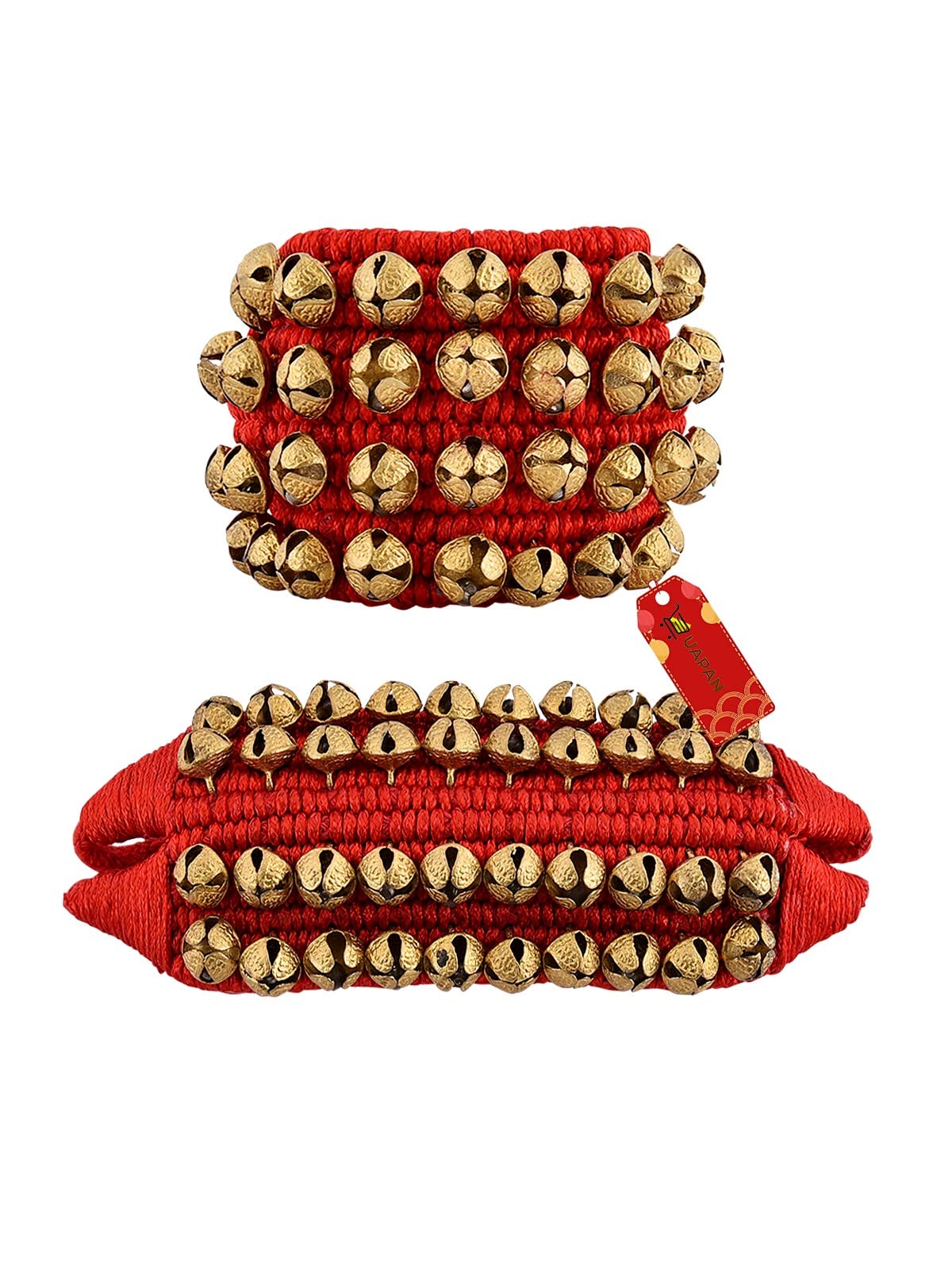 Uapan Brass Ghungroo Anklets Bells (4 Line Double String Pad, Red, Pair)