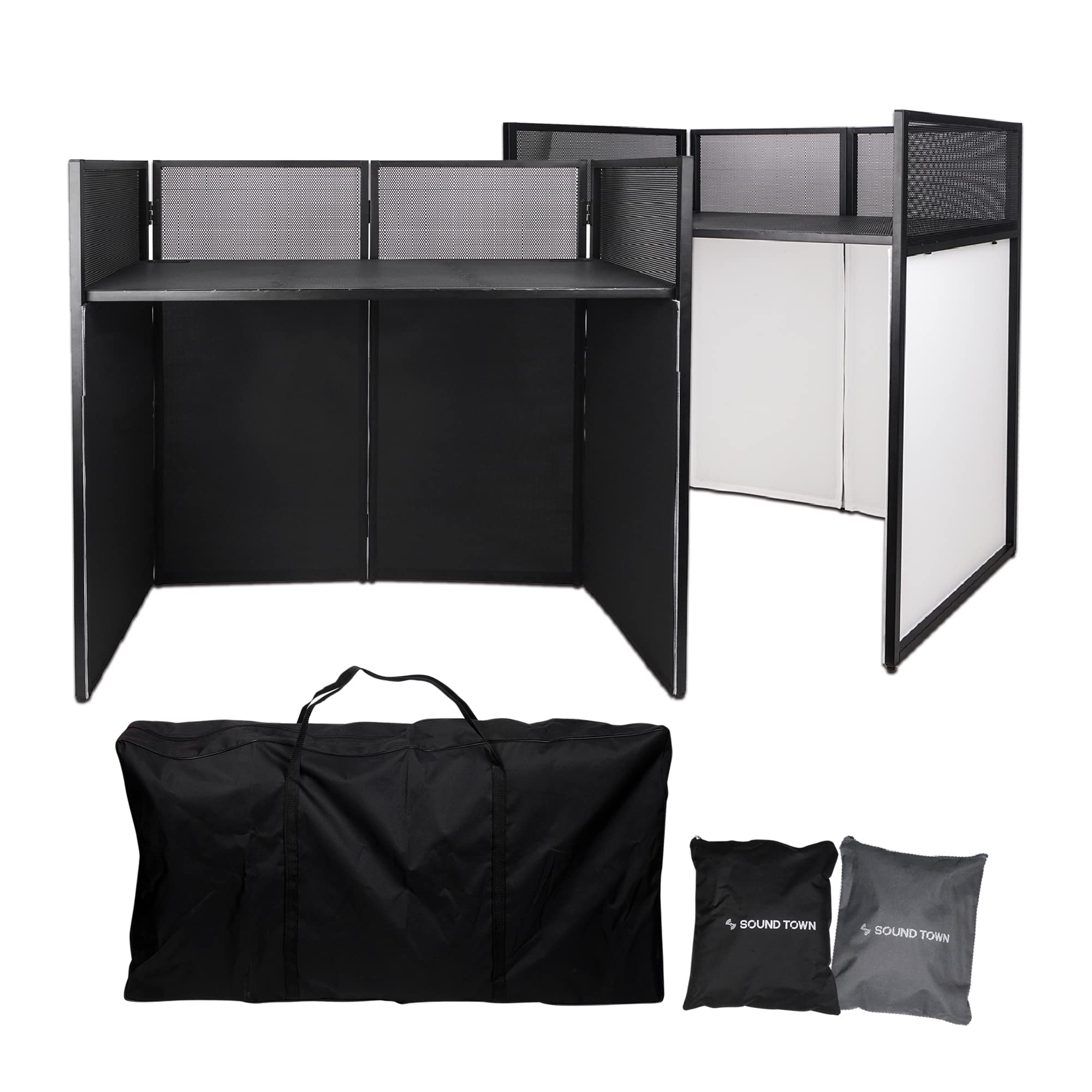 Sound Town Professional DJ Facade Booth with 20 x 40 Flat Table Top, 180-Degree Hinges, Carry Bags, Black and White Scrim Panels