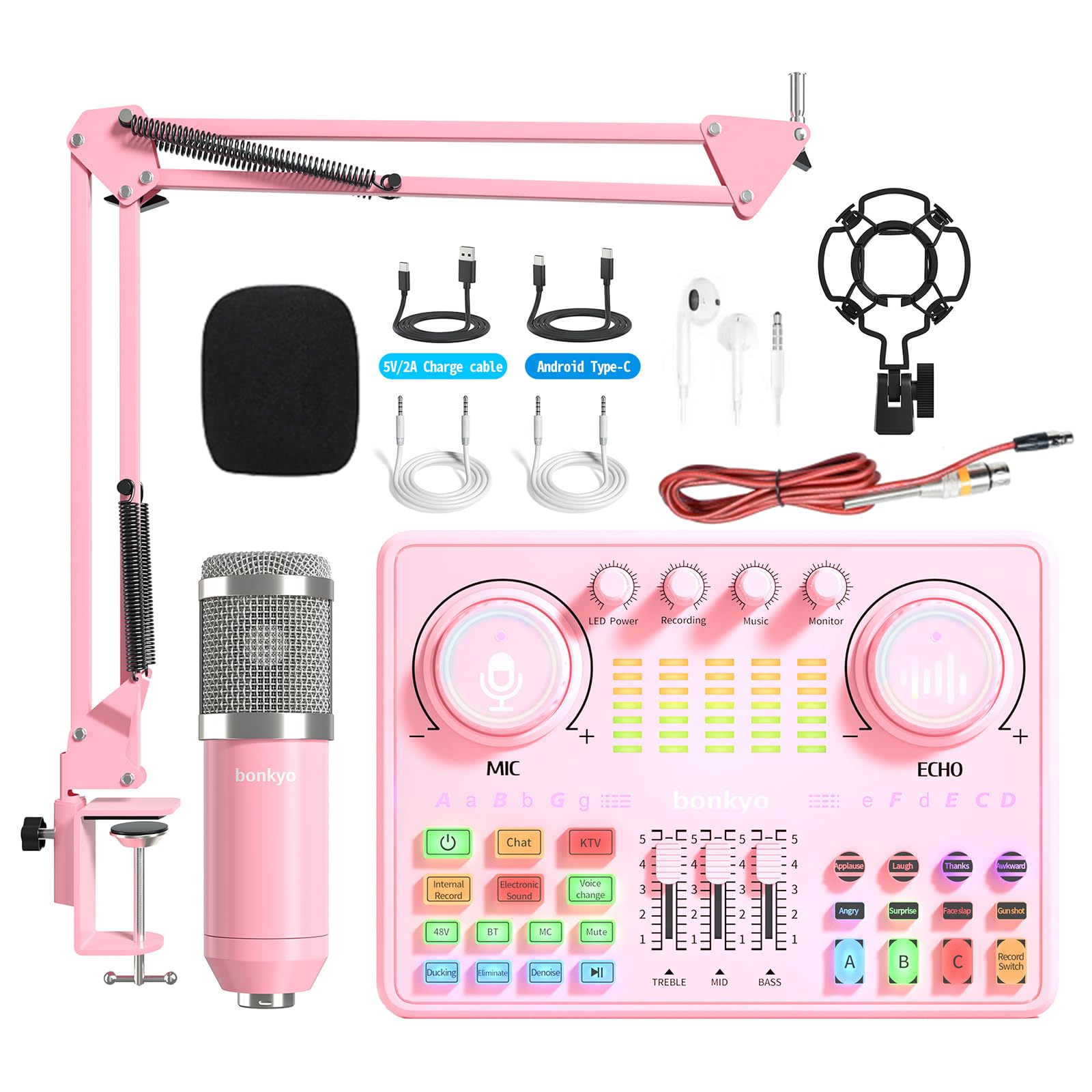 Bonkyo Podcast Equipment Bundle: Audio Interface & DJ20 Mixer with XLR Mic, Voice Changer, 2400mAh Battery for Podcasting, TikTo
