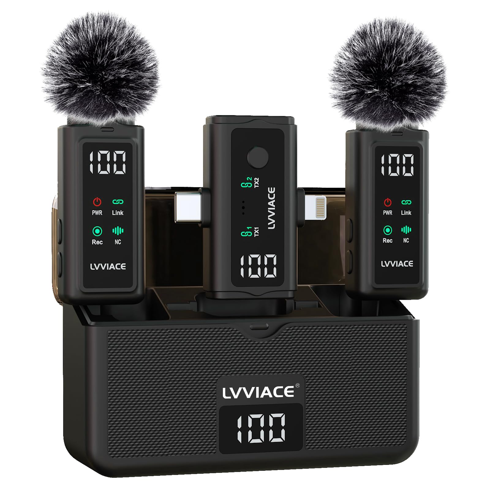 LVVIACE 3 in 1 Wireless Microphone for iPhone, Android, Camera,Wireless Lavalier Microphone, Noise Cancellation with 45 Hours Tr
