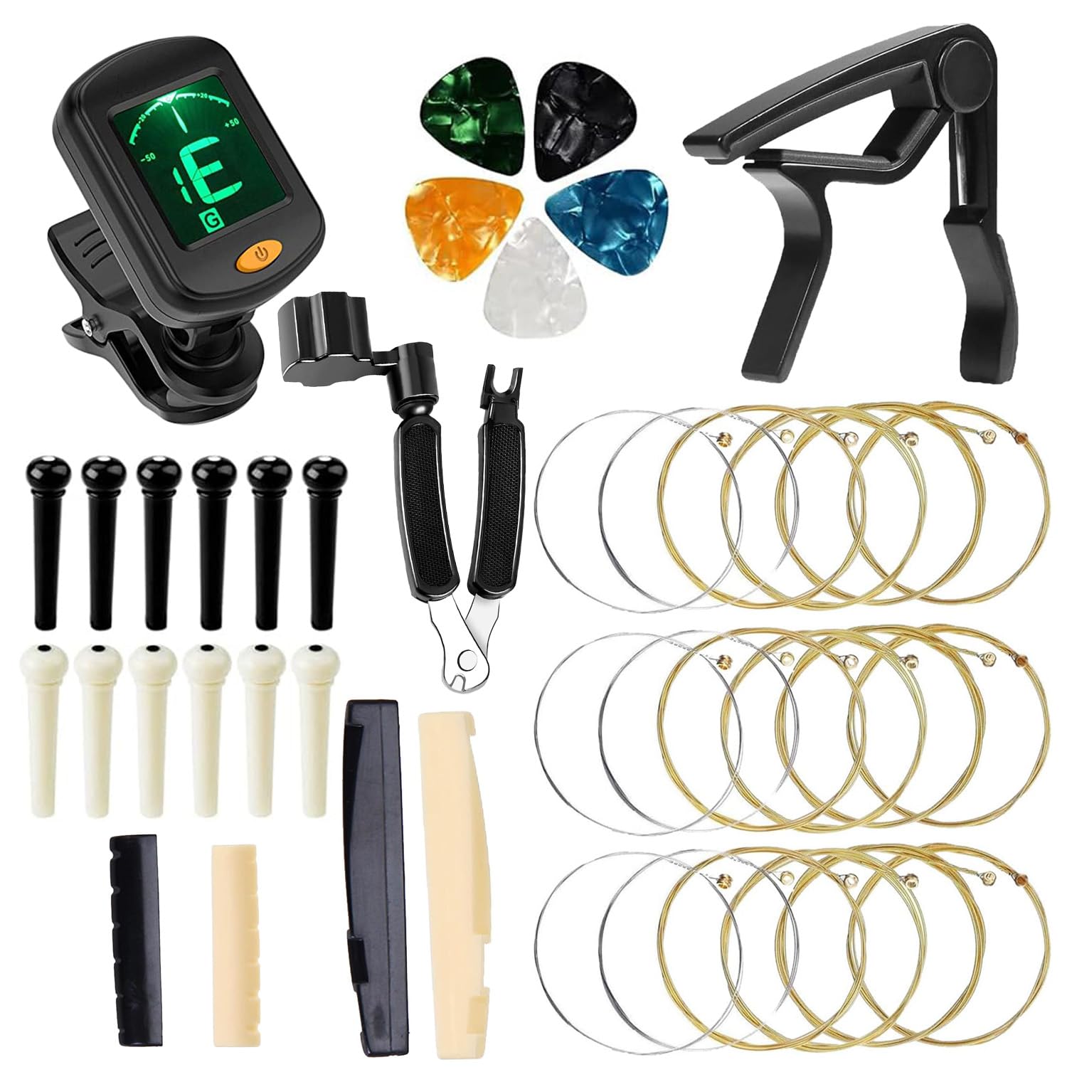 Imaginea Acoustic Guitar Accessories Tool Kit Including 3 Guitar Strings, Tuner, Capo, 3 In1 Resetting Winder Tool, Bridge Pins,