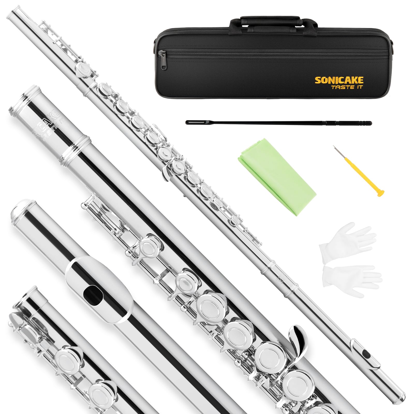 SONICAKE Nickel-plated C Flutes, Closed Hole 16Keys Flute for Beginner Student, Flute Instrument with Cleaning Kit, Carrying Cas