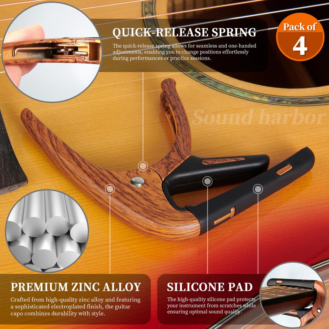 Guitar Capo for Acoustic and Electric 6 String Guitars (4 Pack Roswood Capo)