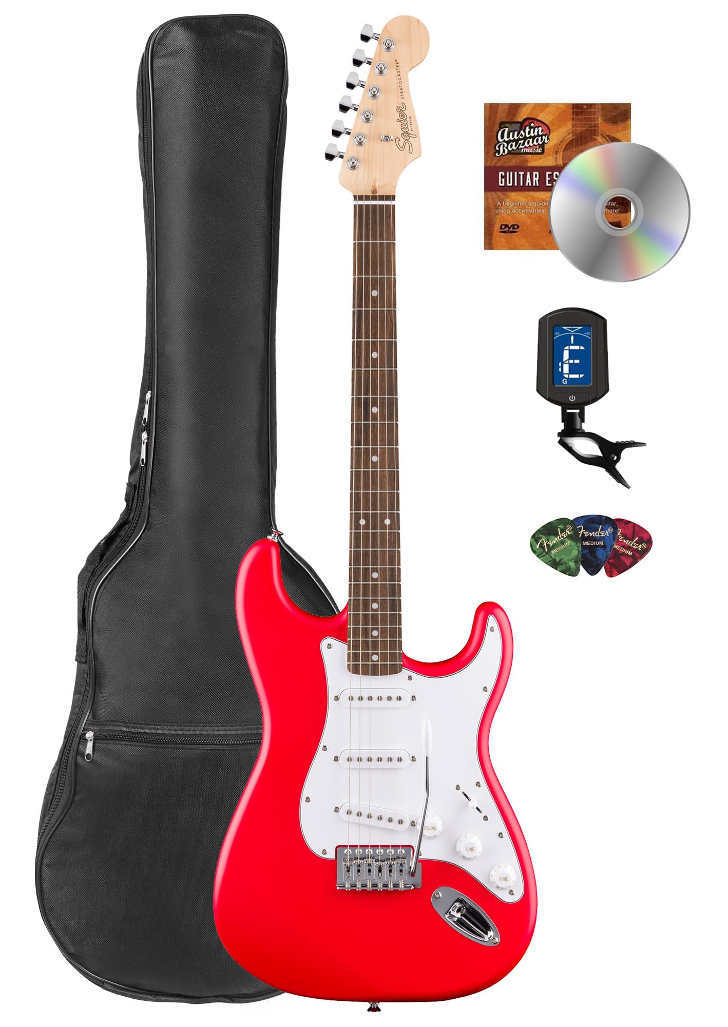 Fender Squier Stratocaster - Torino Red Bundle With Gig Bag, Tuner, Picks, And Austin Bazaar Instructional Dvd