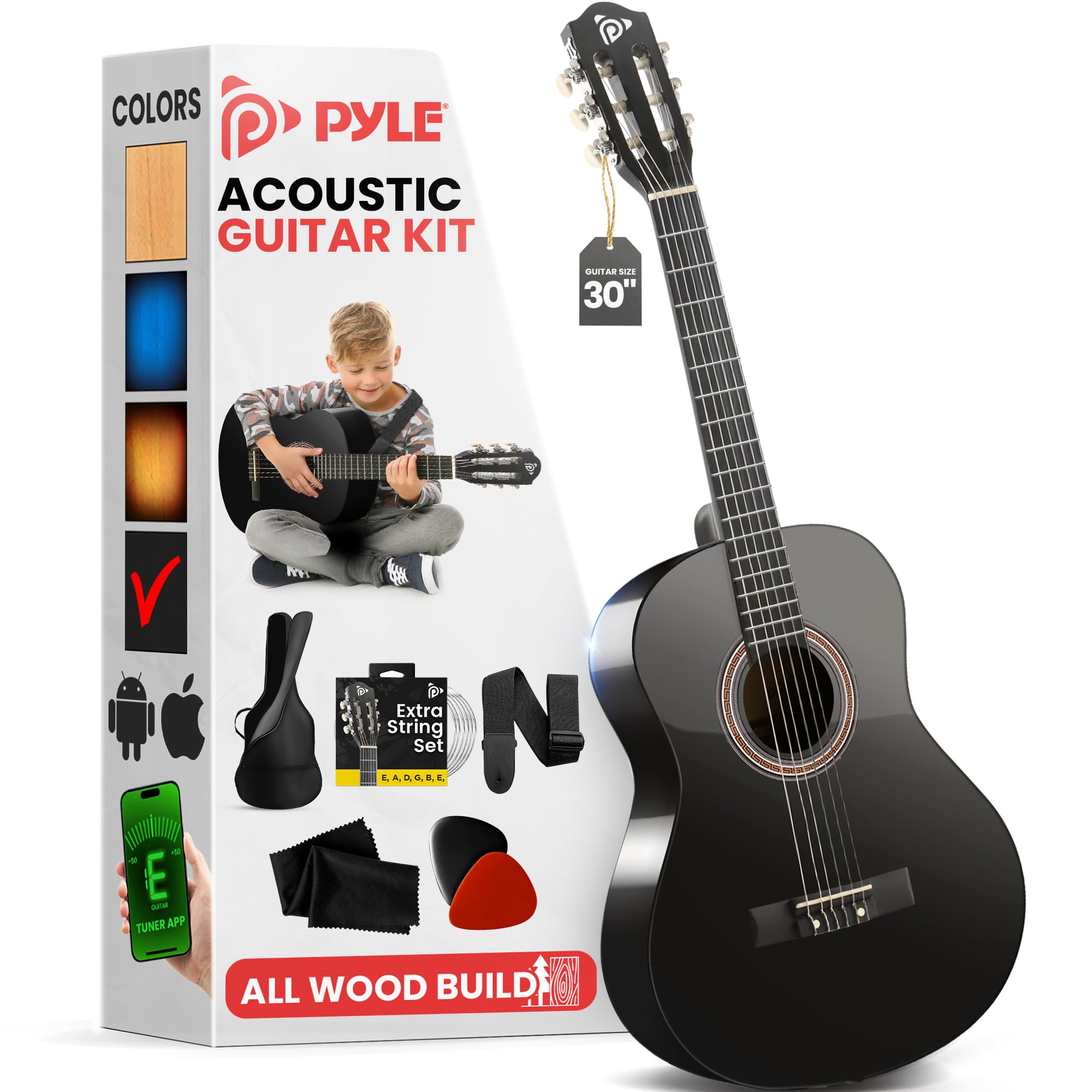 Pyle Beginner Acoustic Guitar Kit, 1/4 Junior Size All Wood Instrument For Kids, Adults, 30'' Black Matte