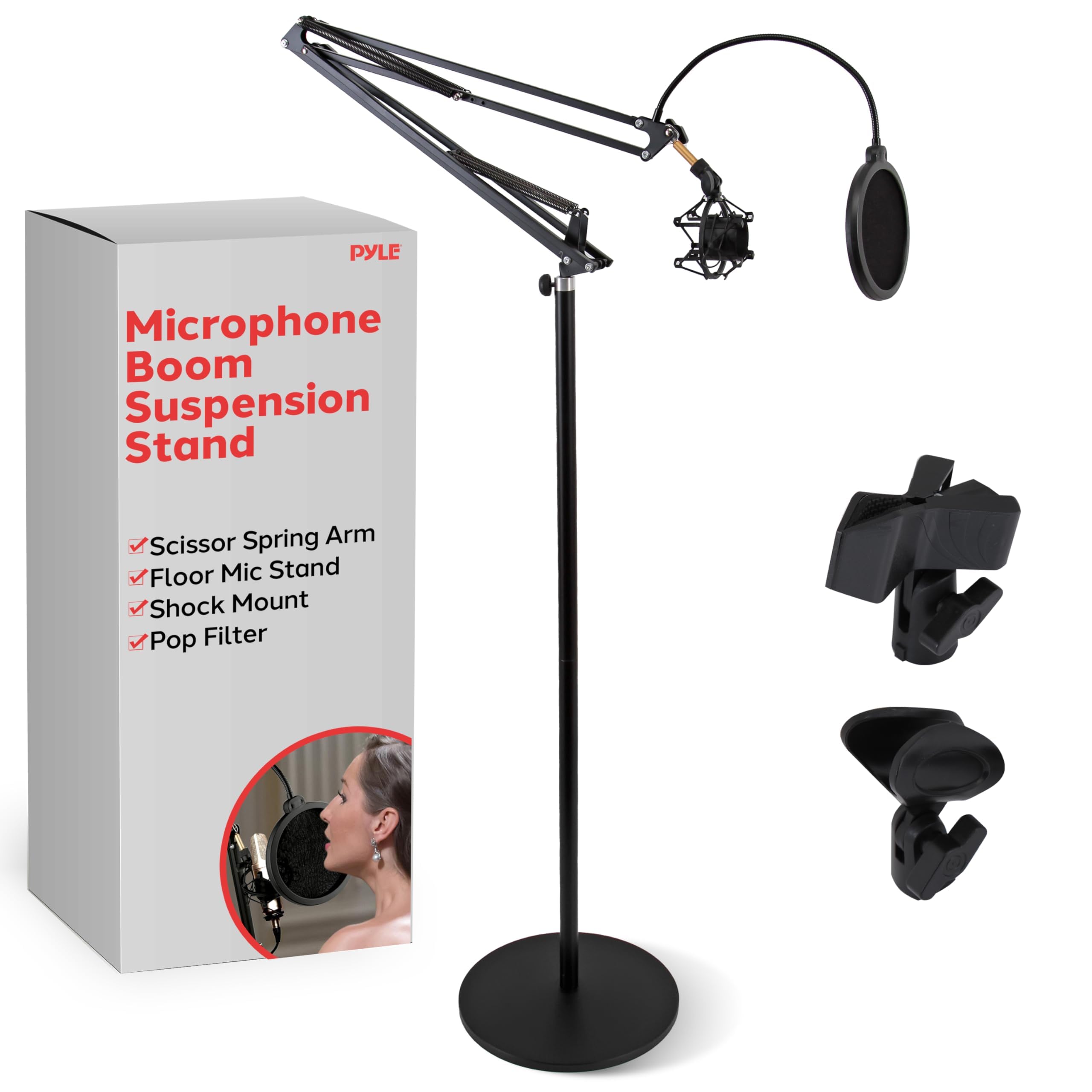 Pyle Microphone Boom Suspension Stand - Scissor Arm Mic Mount w/Shock Mount, Integrated Pop Filter, 3.1' ft. Max Extension, Suit