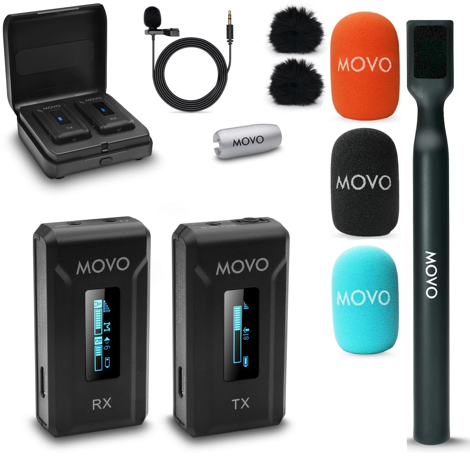 Movo WMX-2 Wireless Lavalier Microphone Lapel Mic with Charging Case and WMX-HM Handheld Adapter - Lav Mic, Lapel Microphone 2.4