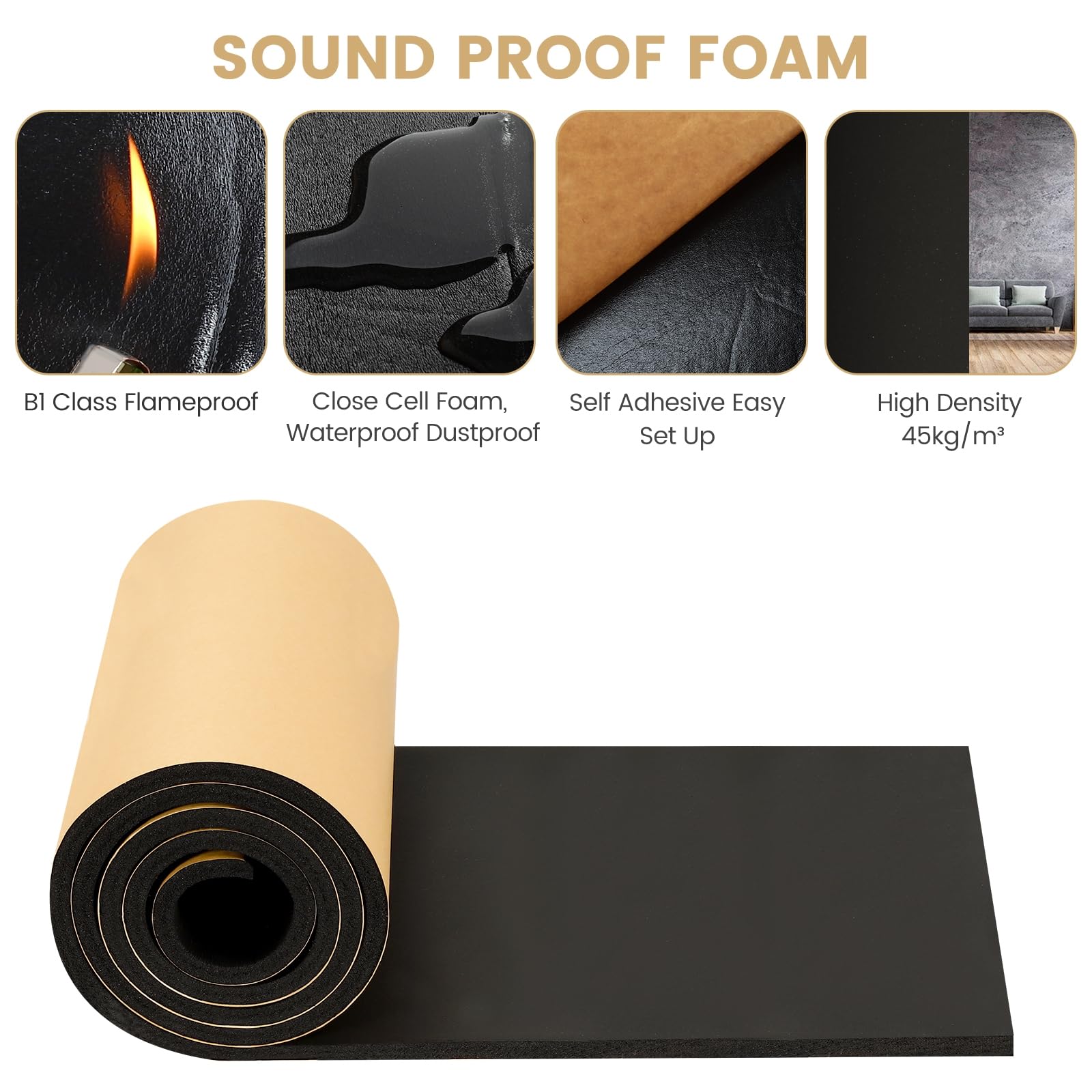Kaqiluo High Density Self-Adhesive Sound Insulation Acoustic Closed Cell Foam, 0.4'' x 12'' x 71'', 10 mm Thick,5.8 sqft Sound P