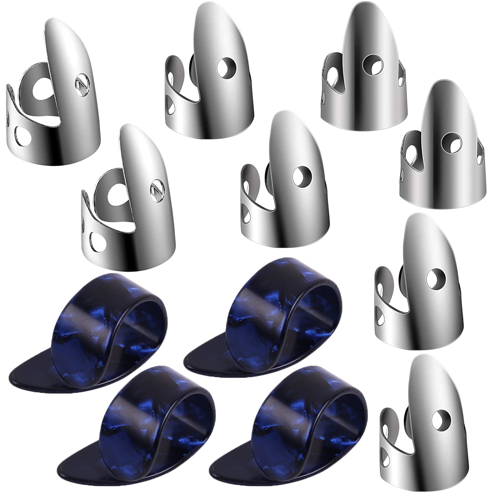 12Pcs Adjustable Finger Thumb Picks Set Includes 8Pcs Silver Stainless Steel Finger Picks And 4Pcs Plastic Thumb Picks For Guita