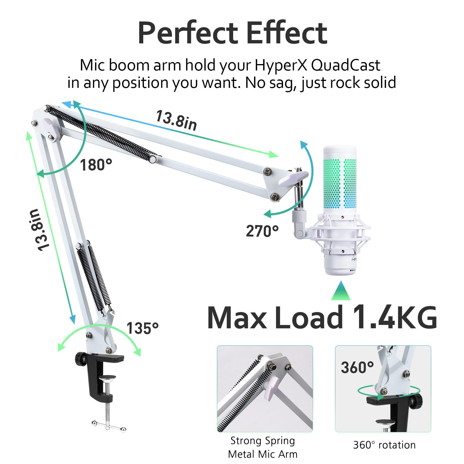 For HyperX Quadcast S Boom Arm - Upgraded Mic Arm with Reduce Wind Noises Mic Foam Cover, White Boom Arm for Hyperx Quadcast, 3/