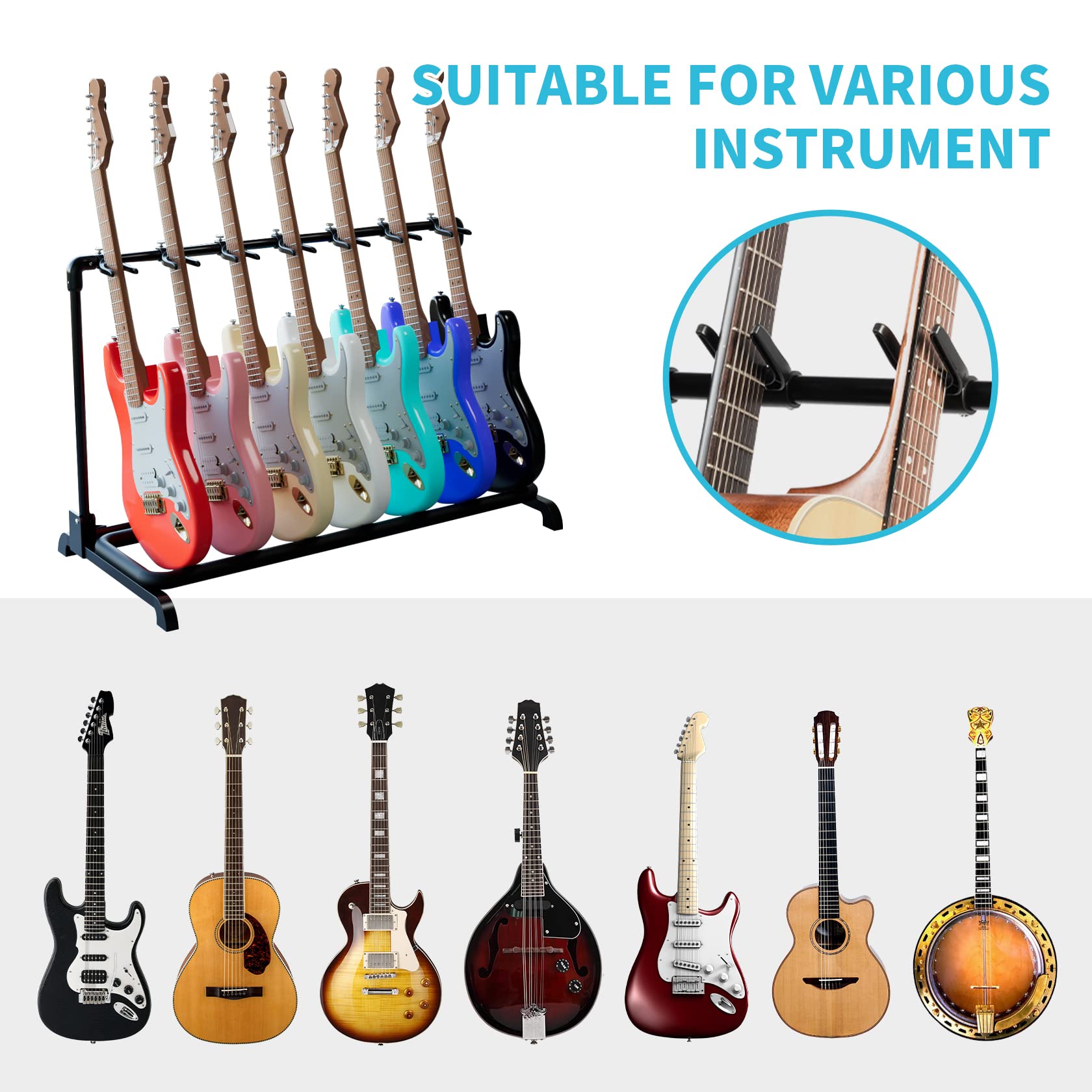 GUITTO Multi Guitar Rack Stand Foldable Universal Display Rack Portable Guitar Holder for Band Stage Bass Acoustic Guitar -7 Hol