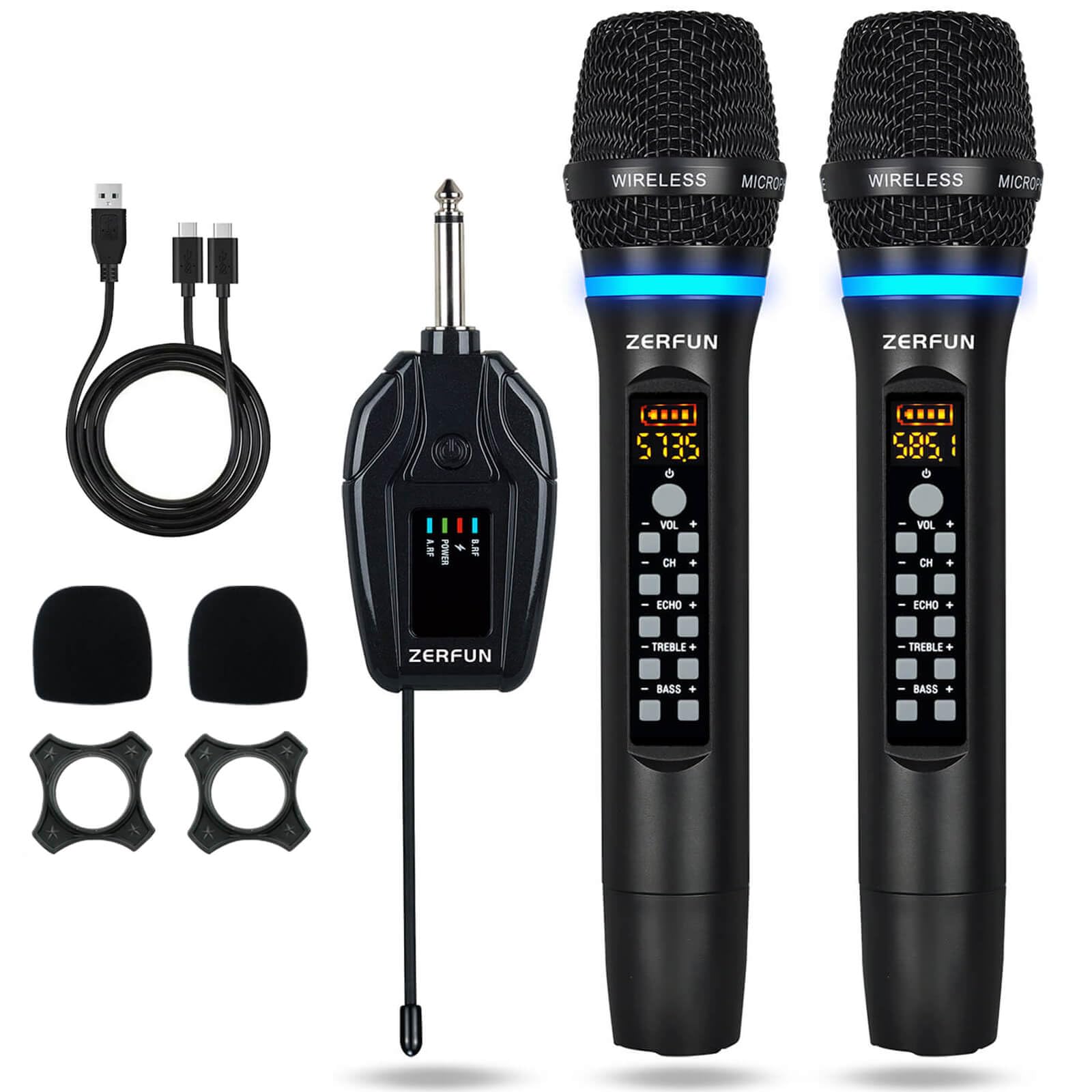 Zerfun Dual Wireless Microphones Rechargeable, Uhf Metal Wireless Mic System Cordless Microphone Professional With Echo Treble B