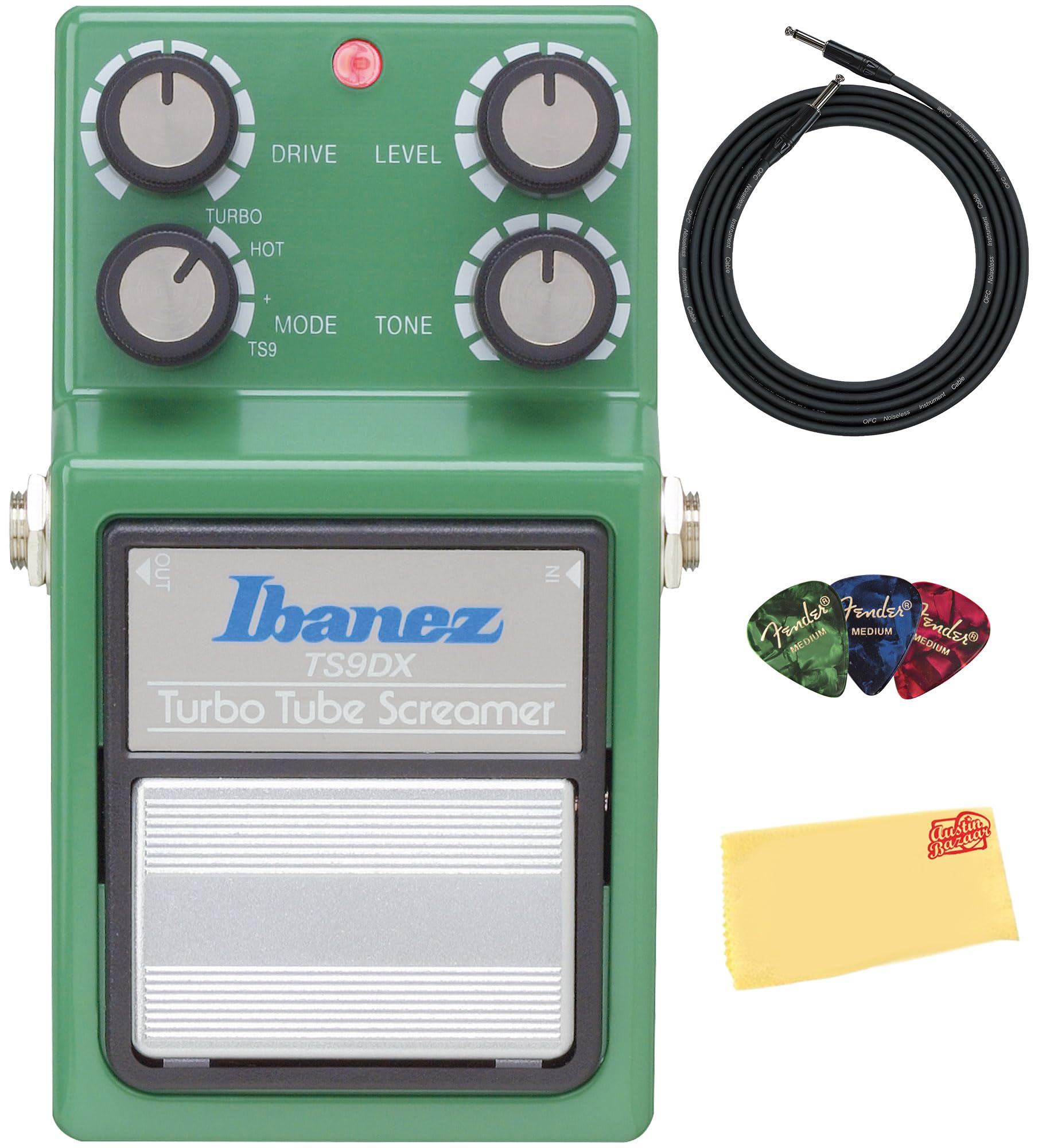 Ibanez TS9DX Turbo Tube Screamer Overdrive Bundle with Instrument Cable, Picks, and Austin Bazaar Polishing Cloth