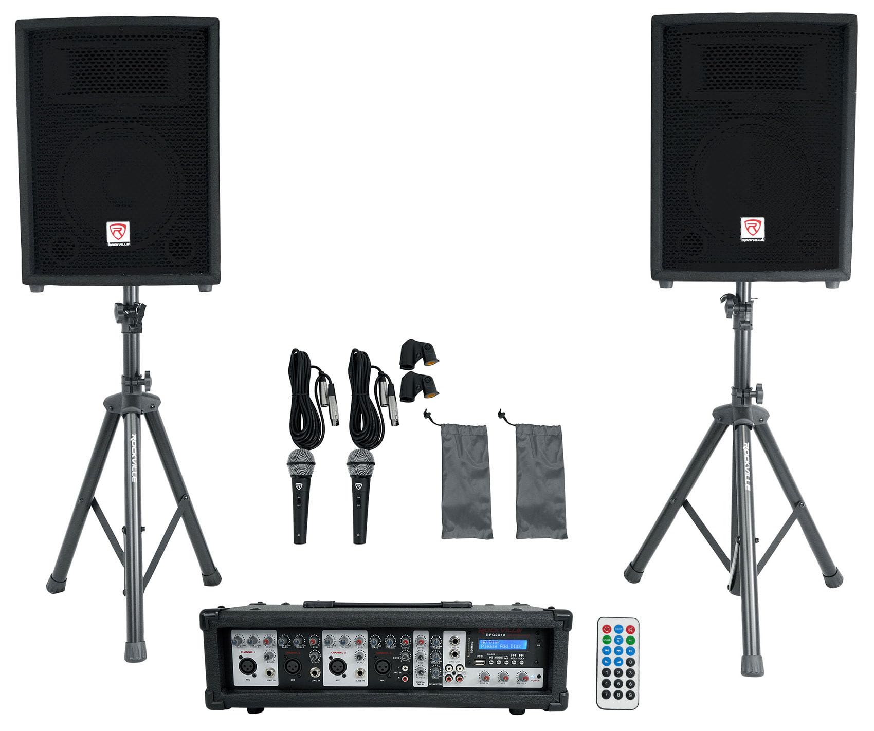 Rockville Pro Audio Bundle: RPG2X10 800w Passive DJ PA Speakers, (2) Stands, (2) Mics, 1800-Watt Powered 4-Channel Mixer/Amplifi