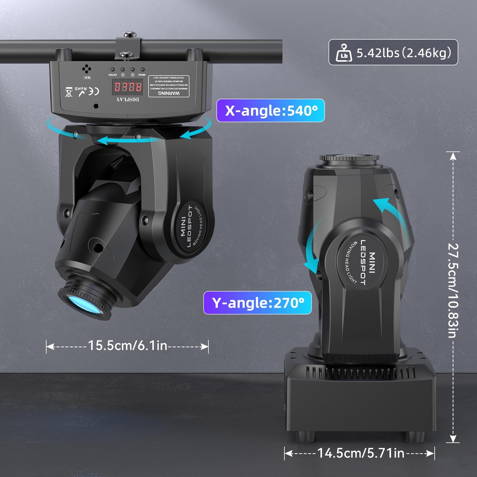 2PCS 60W LED Moving Head Light Stage Lights with Remote Control 8 GOBO 8 Pattern Spotlight by DMX Controlled 11 Channel with Sou