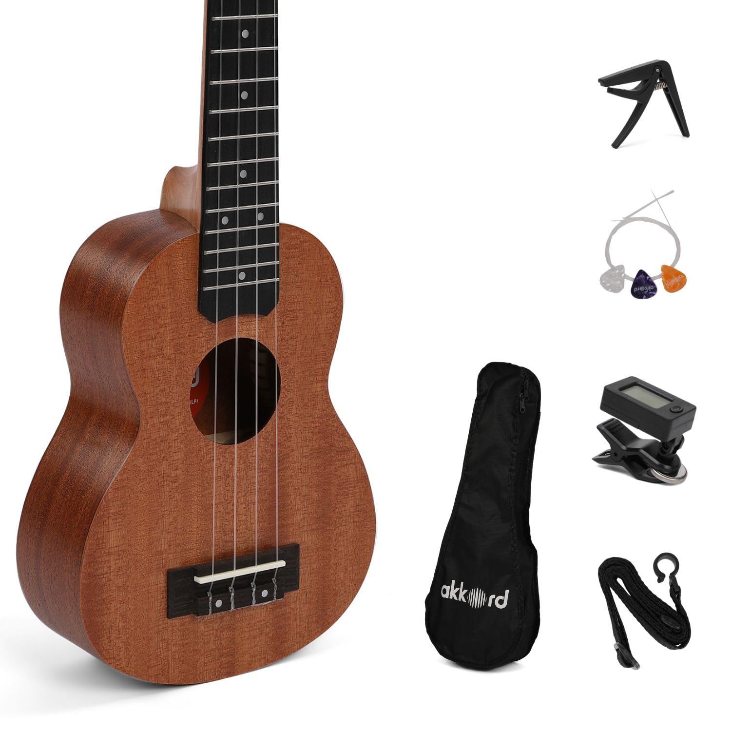 Akkord Mahagony Wood Soprano 21 Ukulele Super Combo- With Gig-Bag, Tuner, Strap, Fluorocarbon String Set And Capo