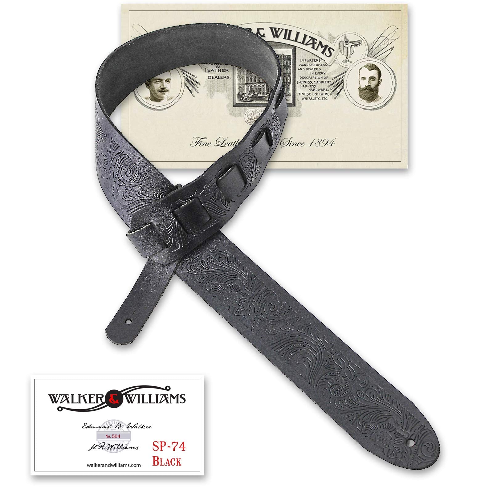 Walker & Williams Sp-74 Soft Black Premium Thick Italian Leather Guitar Strap Live Oak Tooling