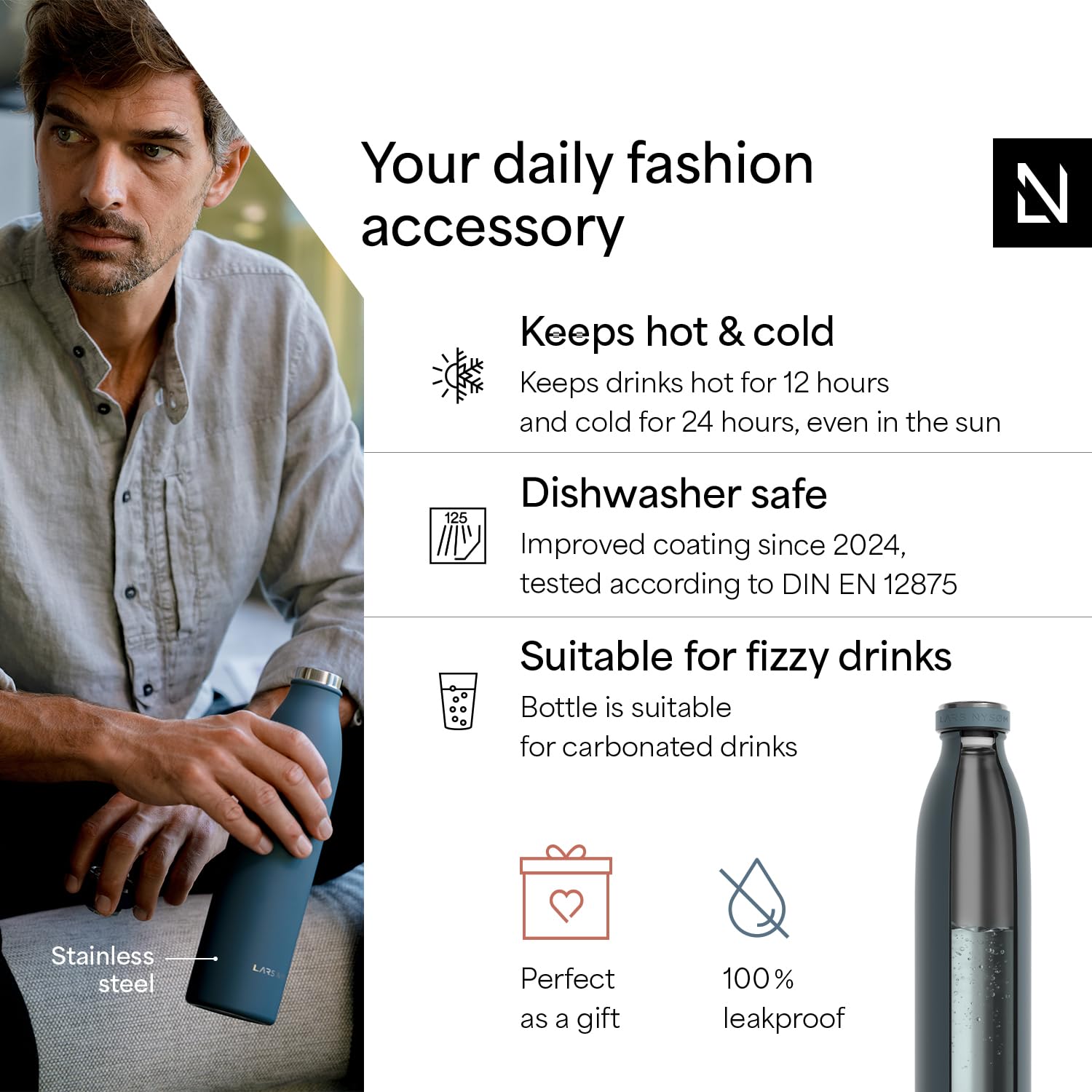 LARS NYSAM Stainless Steel Insulated Water Bottle 34oz  1000ml BPA-free Insulated Thermo Flask for Hot and cold Beverages  Leakp