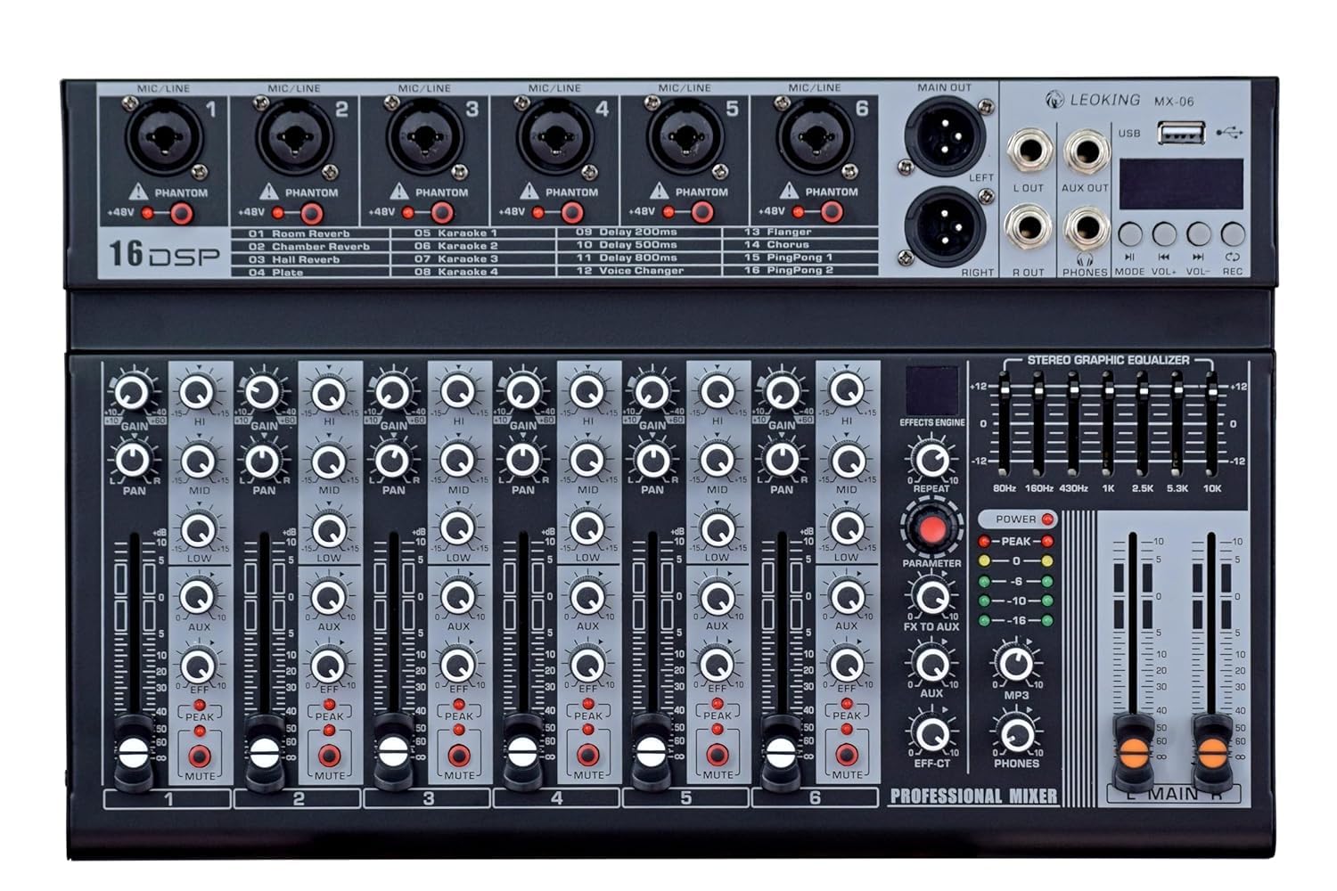kh 6 Channel Professional Analog Audio Mixer 6-Channel Built-In Eq/ 99-Dsp/Recording Mode Reverb Bluetooth/Pc/Usb/Mp3 Playback C