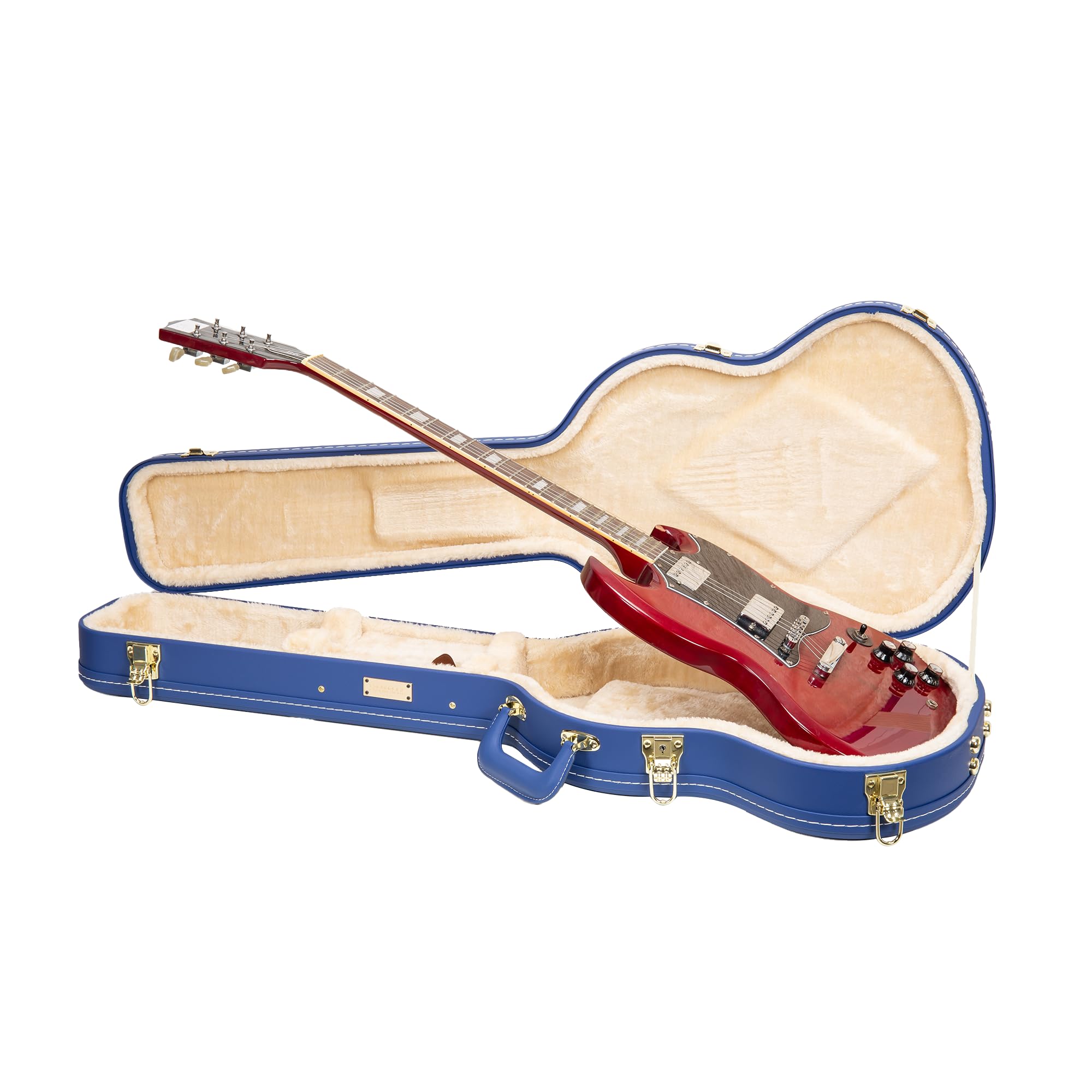 Crossrock Wooden Electric Guitar Case For Gibson Sg | Vibrant Blue Faux Leather, Burgundy Velvet Interior, Lock - Designer Serie