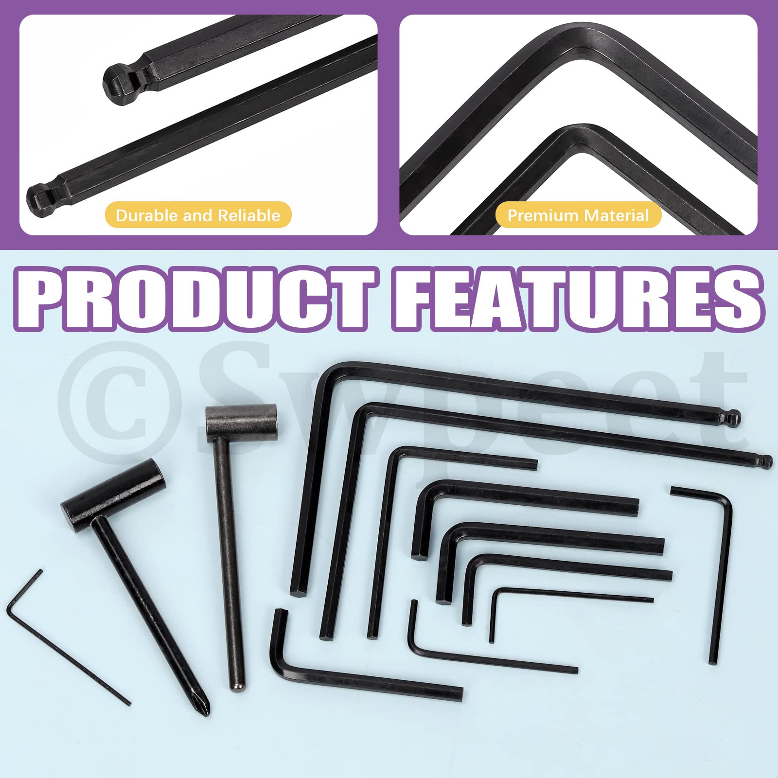 Swpeet 13Pcs Guitar Allen Wrench Set, Including 9Pcs Allen Wrench, 7mm & 8mm Truss Rod Hex Box Wrenches and 4mm & 5mm Ball End T