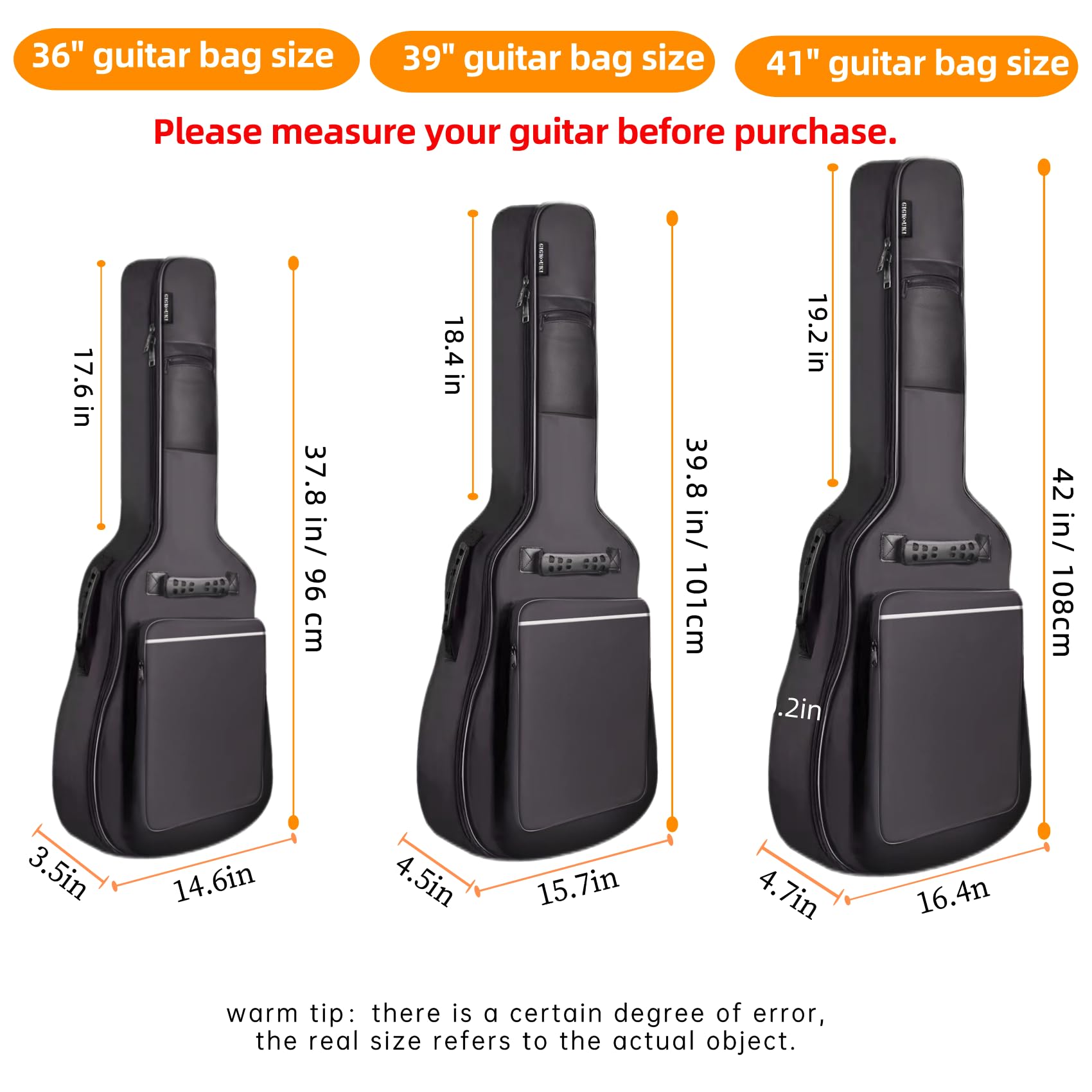 GIGKOUKI Guitar Bag 38 39 Inch Acoustic Guitar Gig Bag Soft Case 0.35 Inch Thick Padding Classical Guitar Backpack Large Pocket
