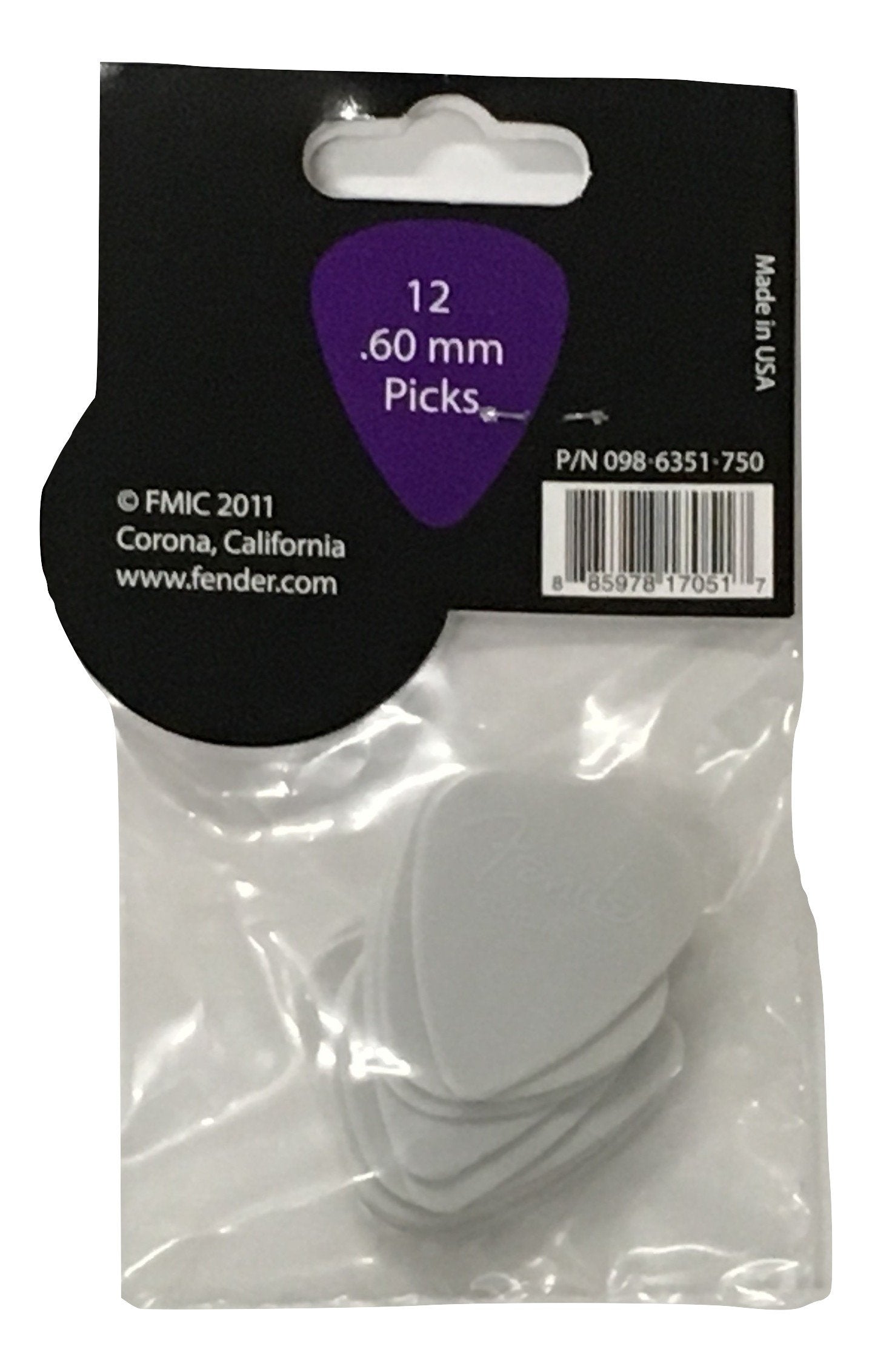 Fender Nylon Guitar Picks 351 Shape, Guitar Accessories, White, 0.60mm, 12-Pack