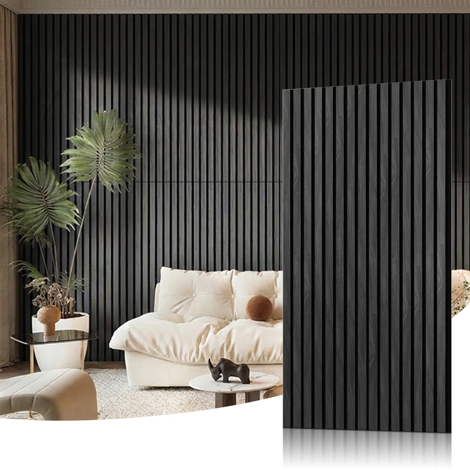 Greymond Wood Slat Acoustic Wall Panels-3D Fluted Sound Absorbing Panel for Wall and Ceiling-47.2 x 23.6 (Black, 2-Pack)