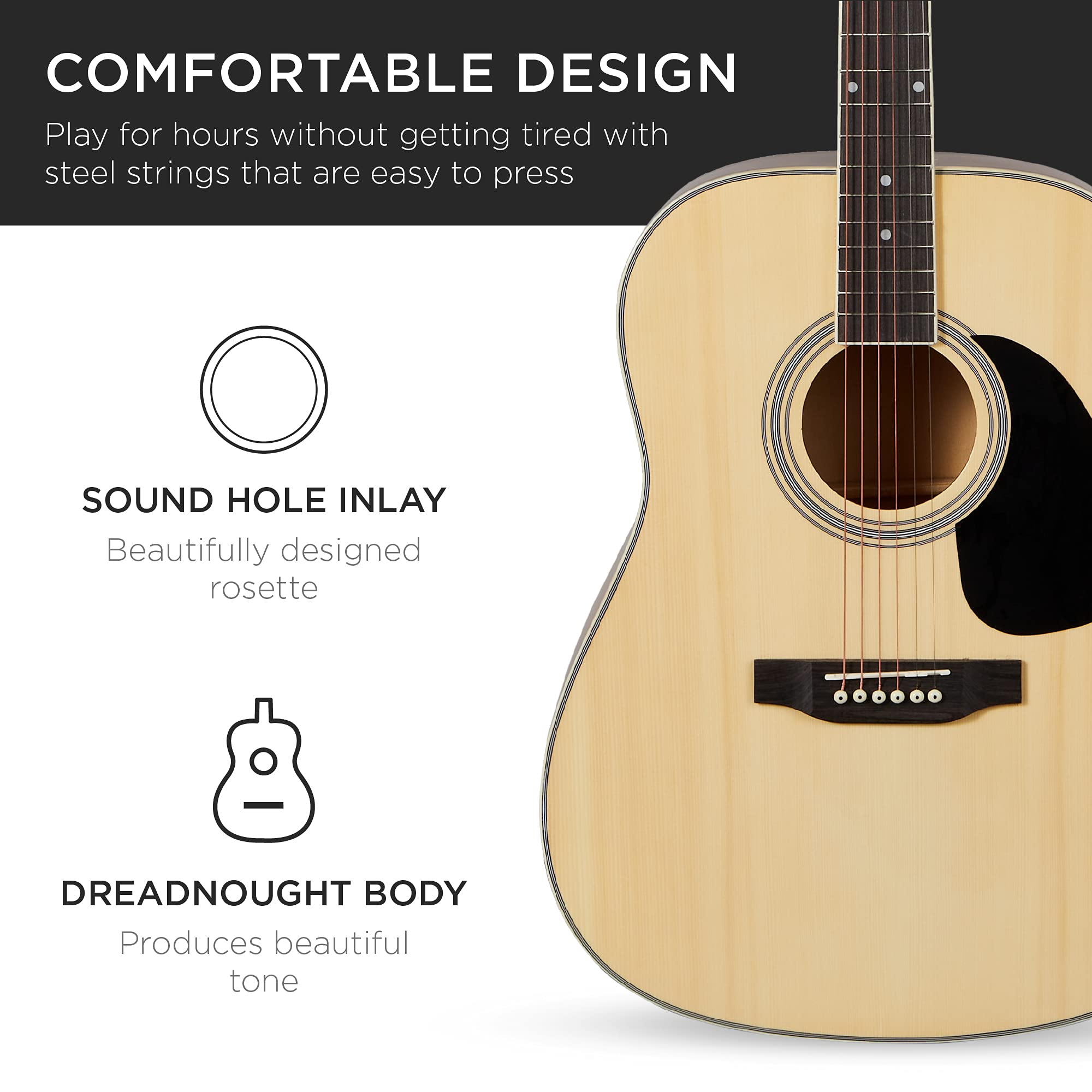 Best Choice Products 41in Full Size Beginner All Wood Acoustic Guitar Starter Set w/Case, Strap, Capo, Strings, Picks - Natural