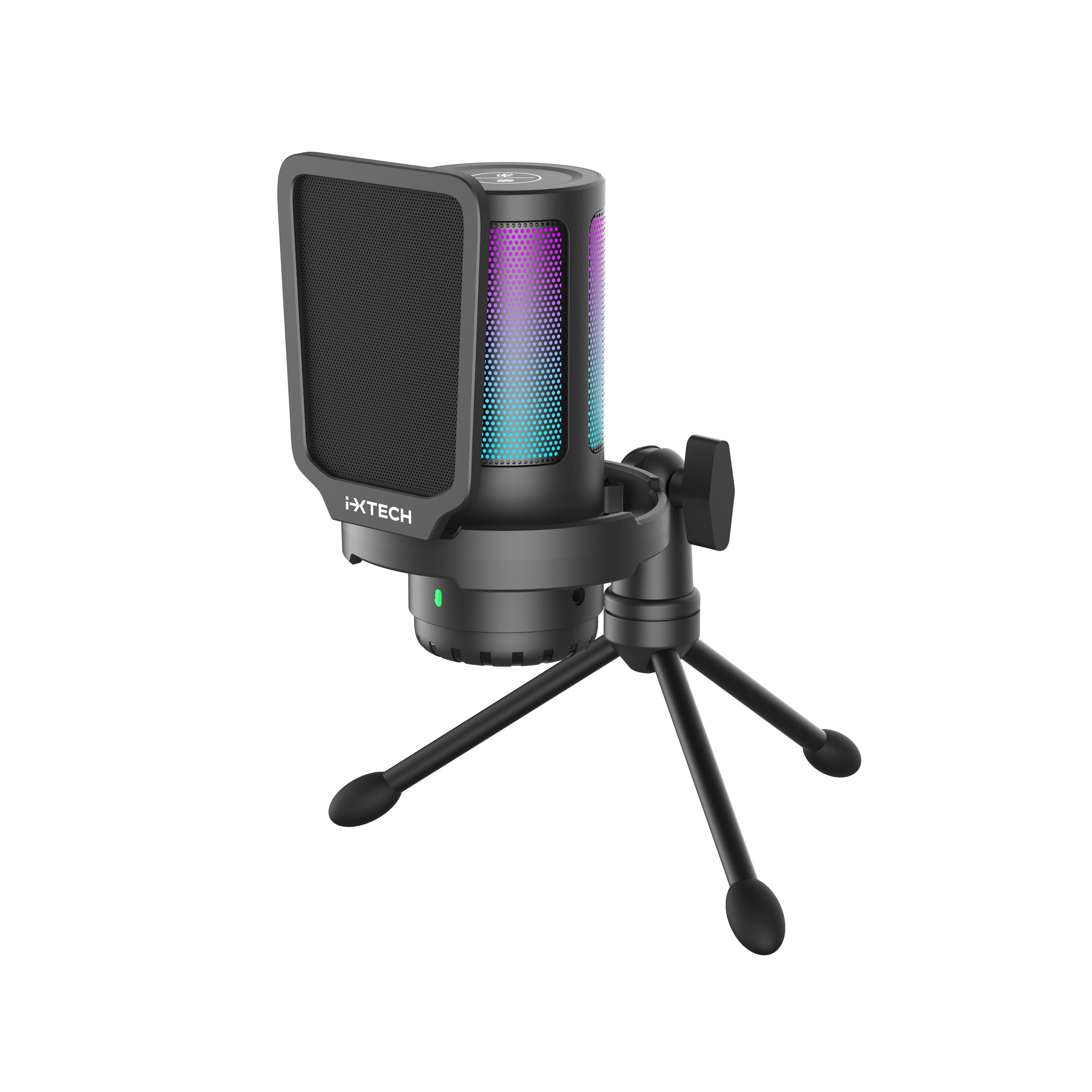 IXTECH USB Gaming Microphone for PC, RGB Condenser Microphone with Tripod Stand, Pop Filter, Rotate Gain Button, and Quick Mute,