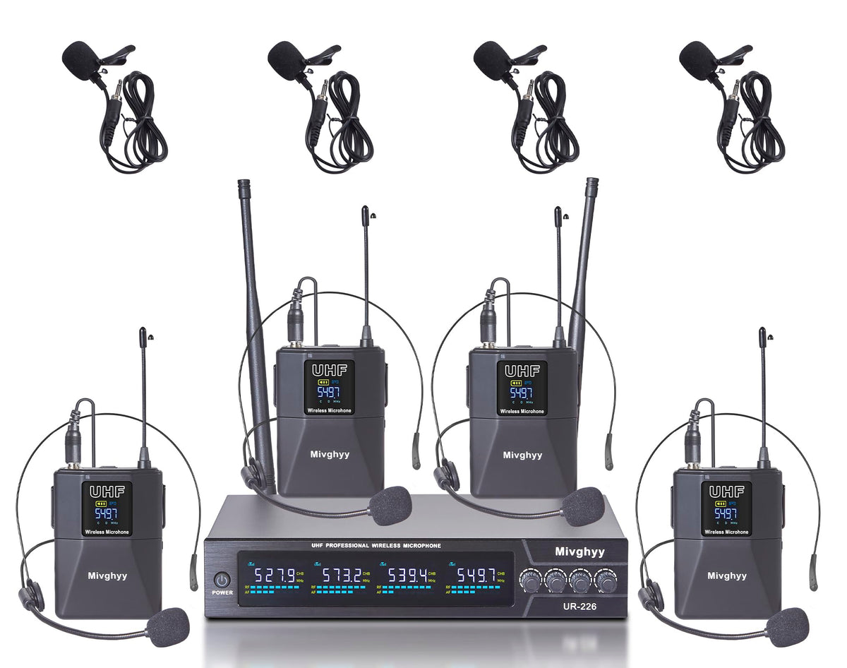 Wireless Microphones System With Uhf Headset/Lavalier Lapel Mics, Bodypack Transmitter, 4 X 50 Channels, 164Ft Range For Church