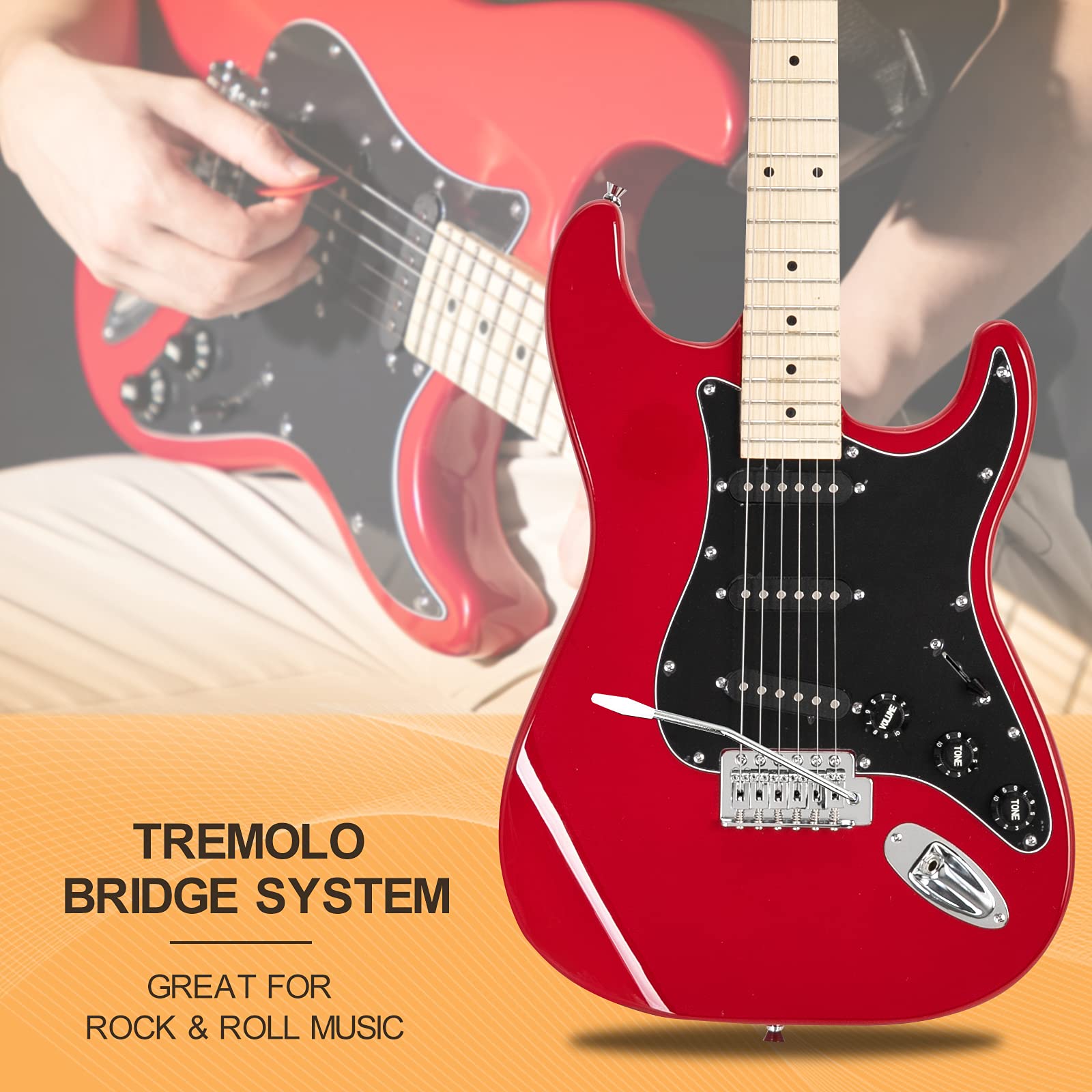 GLARRY 39'' Full Size Electric Guitar for Music Lover Beginner with 20W Amp and Accessories Pack Guitar Bag (Red)