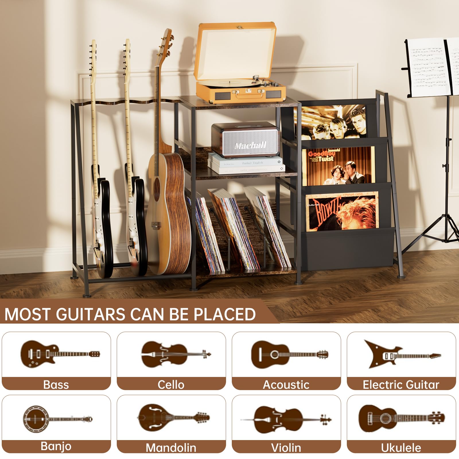 Hosfais Record Player Stand, 3 Tier Guitar Stand for Acoustic, Electric Guitar, Bass Stand, Vinyl Record Storage Up to 250 Album