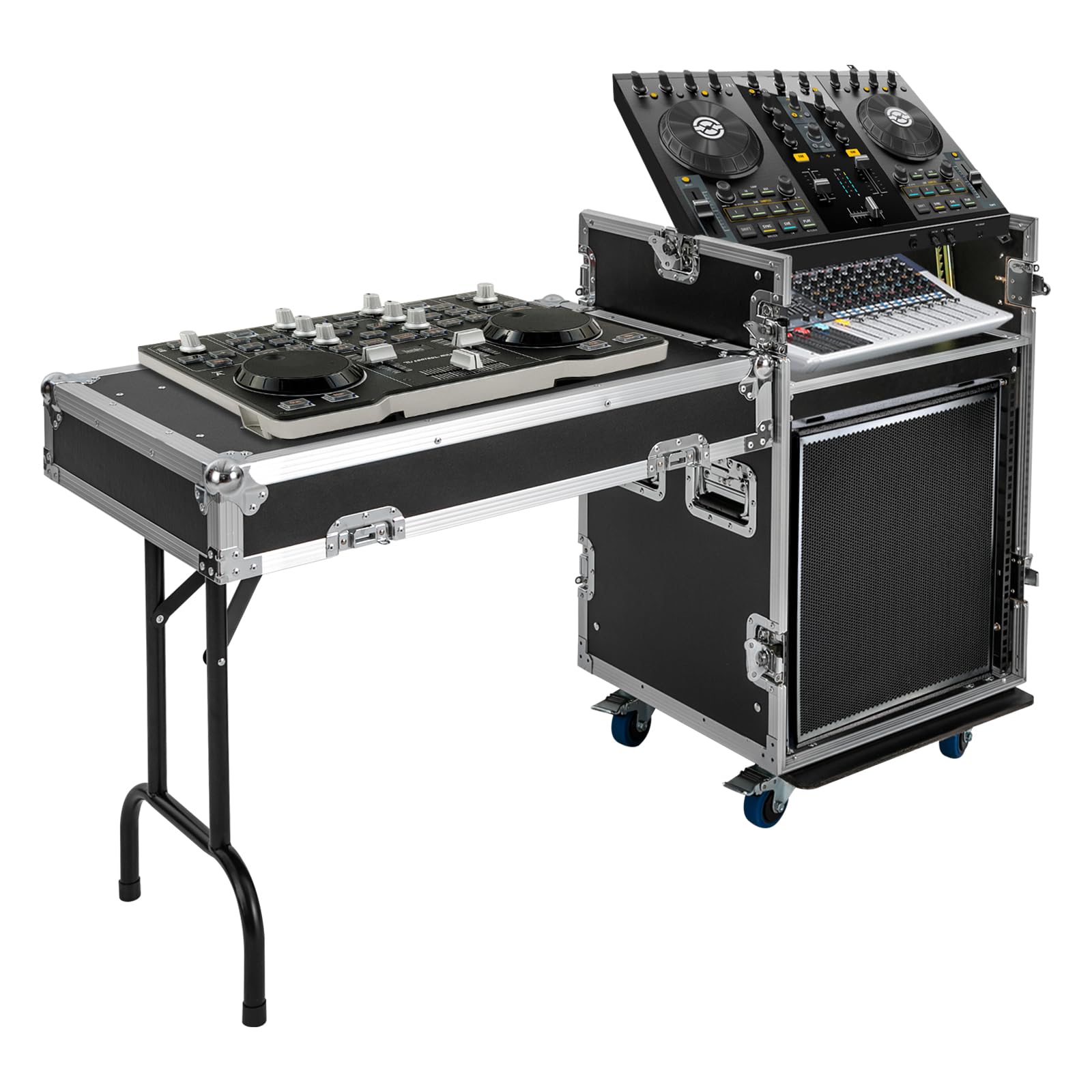 12U PA DJ Pro Audio Rack Road Case with Slant Mixer Top, Locking Wheels, Removable Doors - DJ Mixer Rack for Mixers, Amps, and S