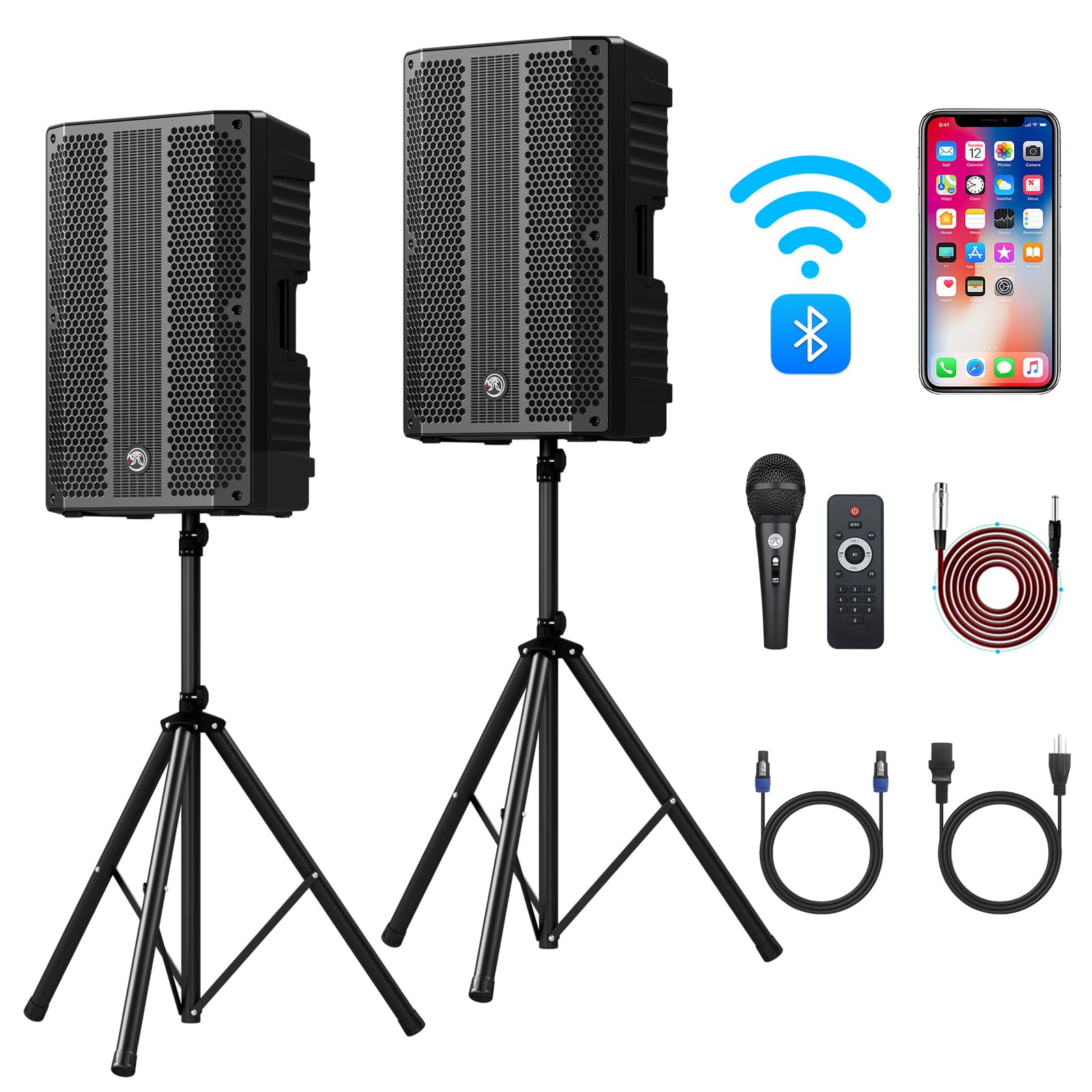 Nbvoice 15'' Active+Passive Dj/Pa Speakers Package With Mic,2-Way Powered Pa System Combo Set With Bluetooth/Usb/Fm Radio/2X Ste
