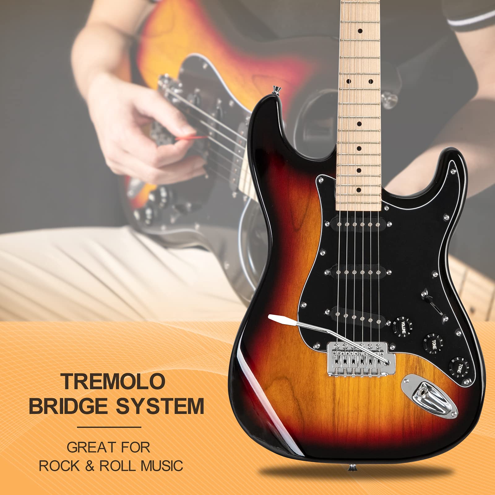 GLARRY Full Size Electric Guitar for Music Lover Beginner with 20W Amp and Accessories Pack Guitar Bag (Sunset)