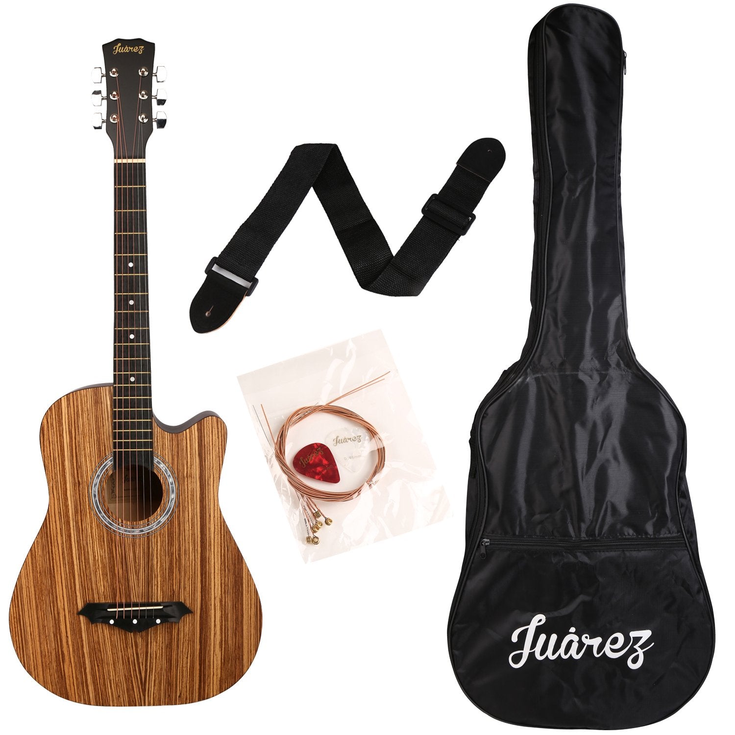 Jurez Jrz38C/Zeb 6 Strings Acoustic Guitar 38 Inch Cutaway, Right Handed, Zebrawood With Bag, Strings, Picks And Strap