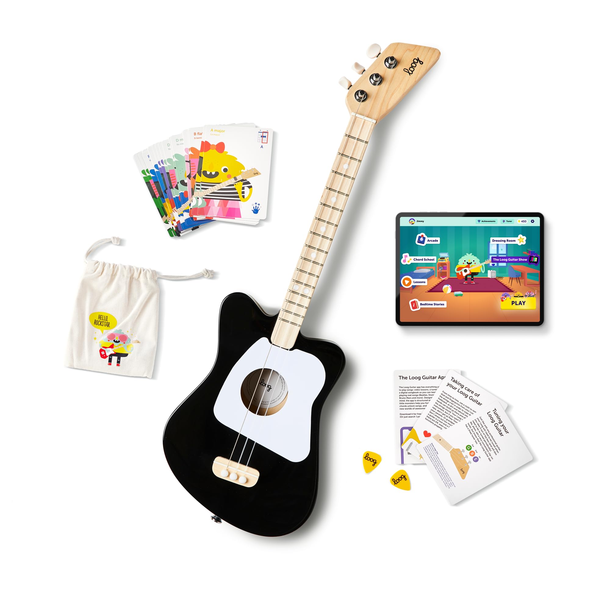 Loog Mini Acoustic Kids Guitar For Beginners 3-Strings Ages 3+ Learning App And Lessons Included Black