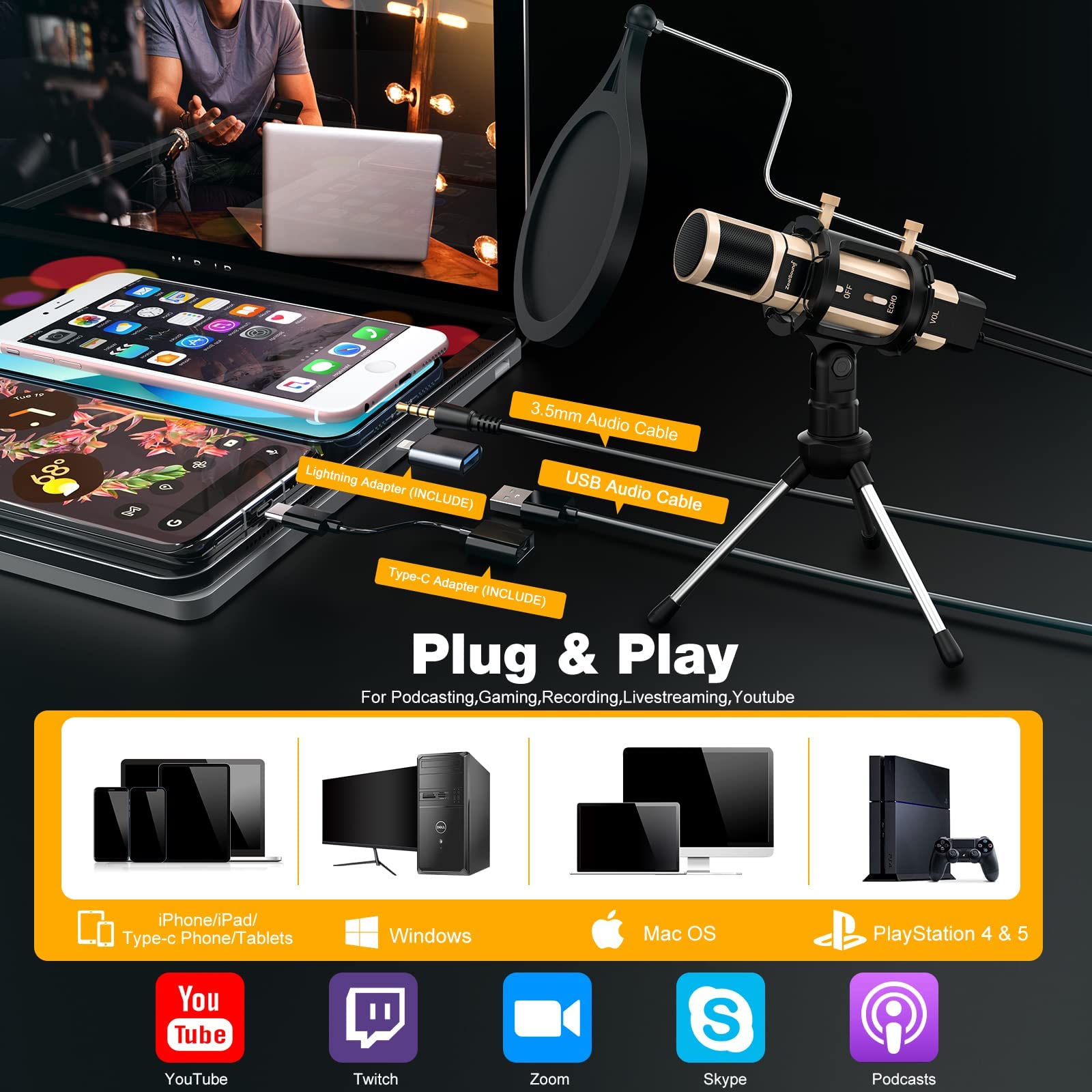 ZealSound Microphone,USB&3.5mm Mic W/Type-C Adapter for i-Phone Computer phone,Condenser Microphone with Echo Volume,Tripod Stan