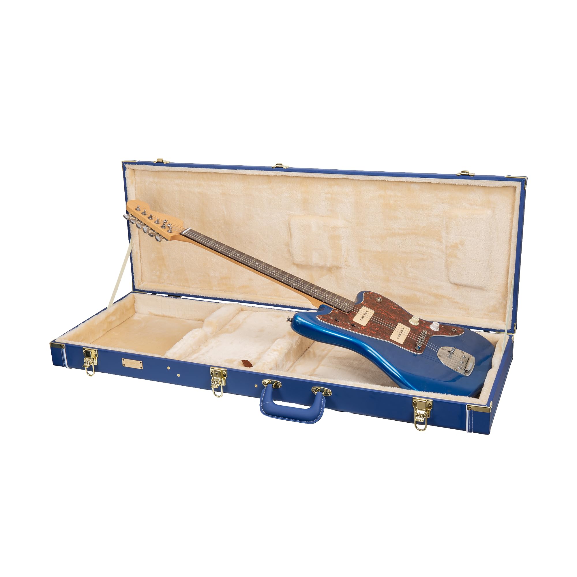 Crossrock Rectangular Wooden Electric Guitar Case For Jazzmaster & Jaguar | Vibrant Blue Faux Leather, Beige Plush Interior, Loc