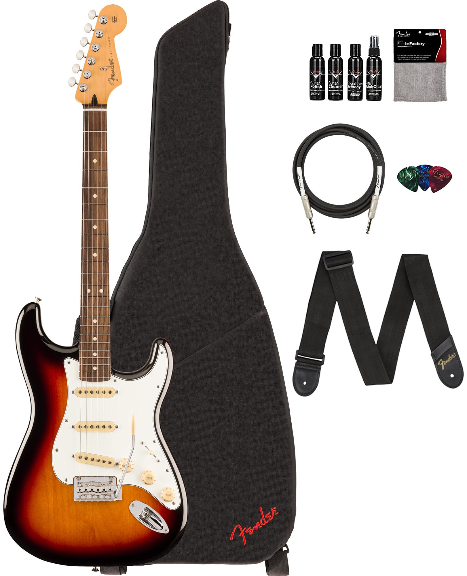 Fender Player II Stratocaster, Rosewood - Polar White Bundle with Gig Bag, Strap, Cable, 3-Pack Picks and Guitar Cleaning Kit